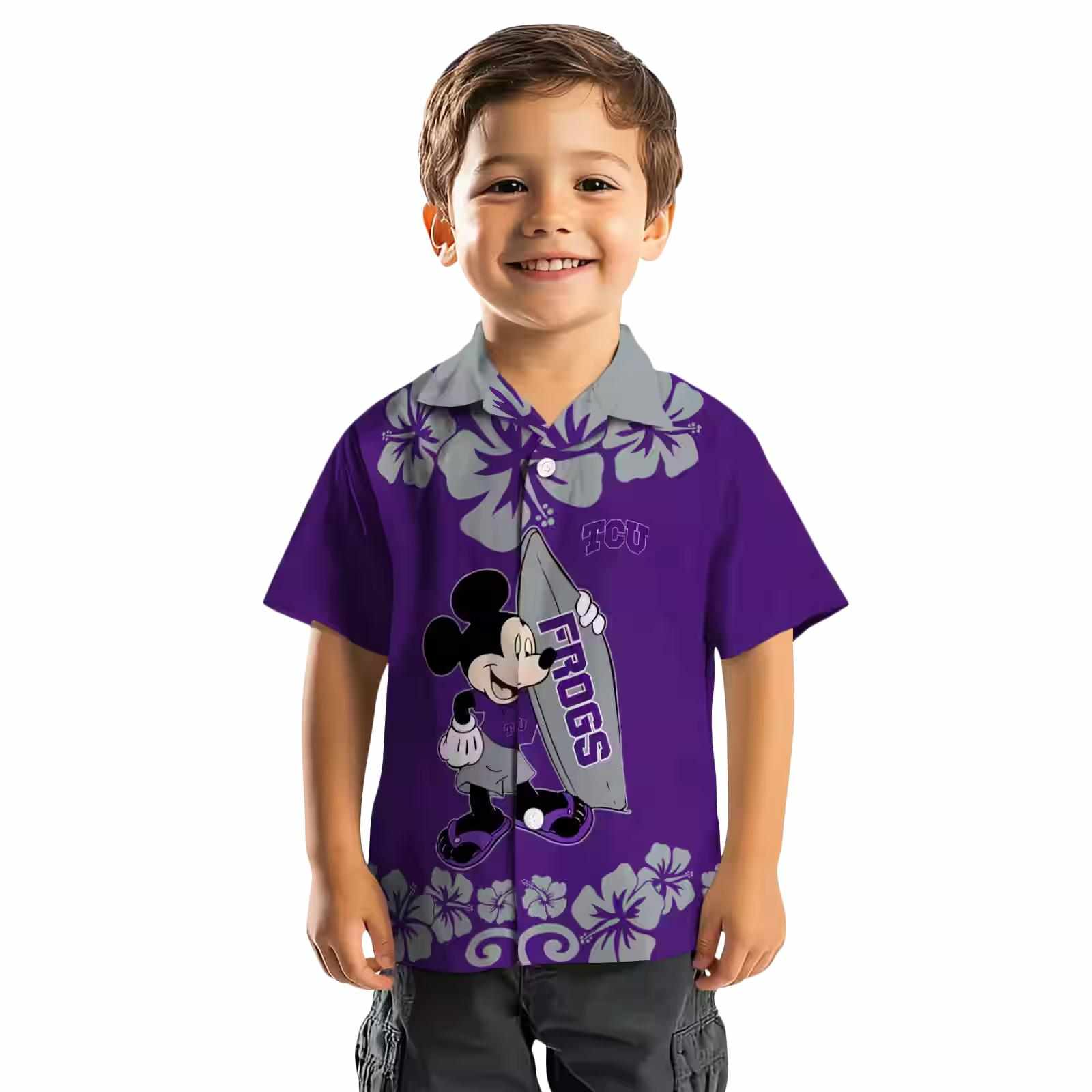 tcu horned frogs surfing mickey purple hawaiian shirt top rated