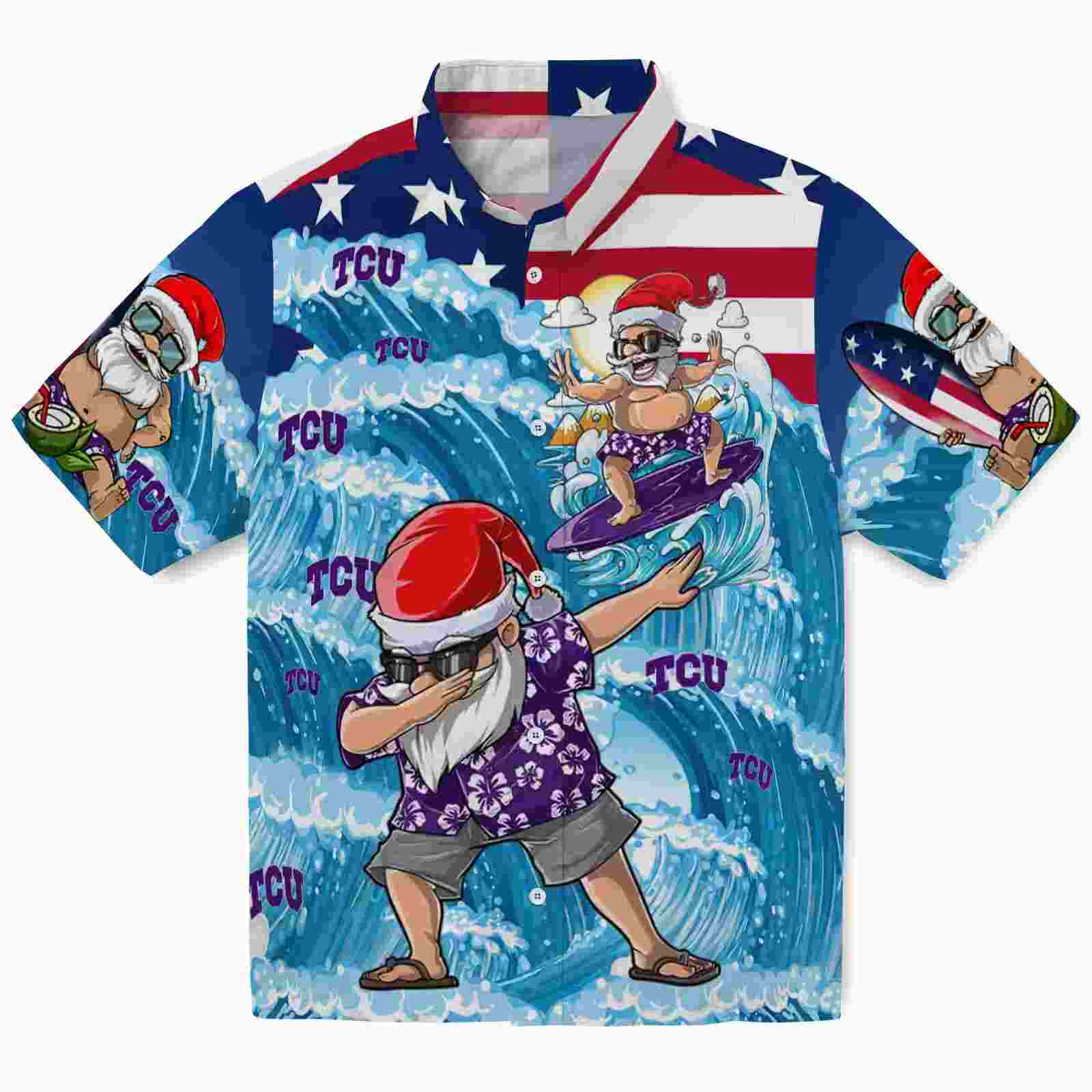 TCU Horned Frogs Surfing Santa Blue Hawaiian Shirt