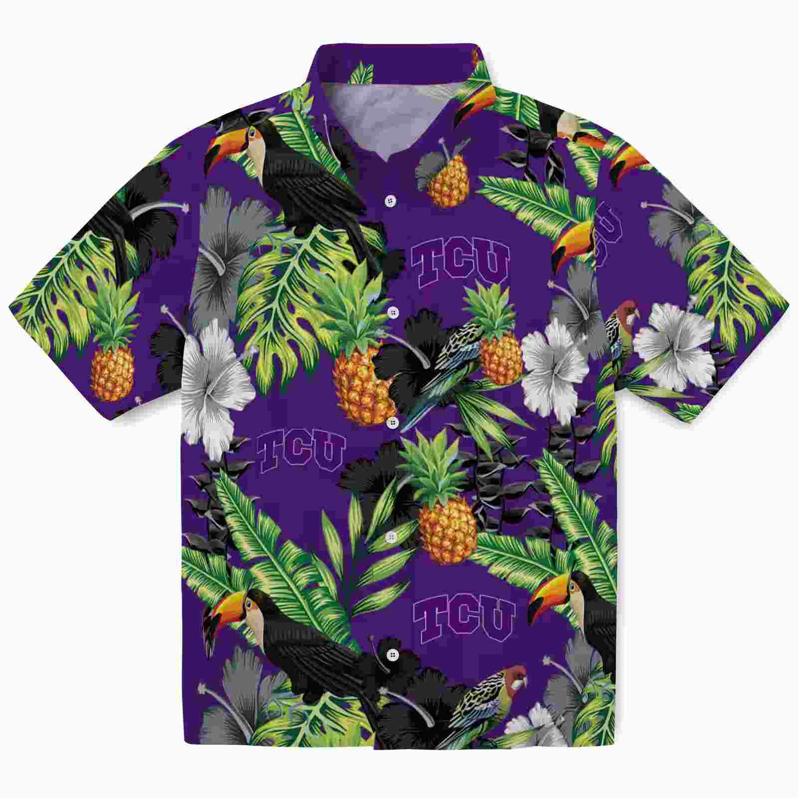 TCU Horned Frogs Toucan Hibiscus Pineapple Purple Green Hawaiian Shirt