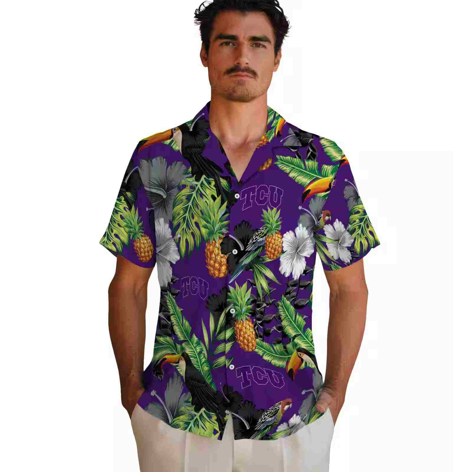 tcu horned frogs toucan hibiscus pineapple purple green hawaiian shirt fashion forward