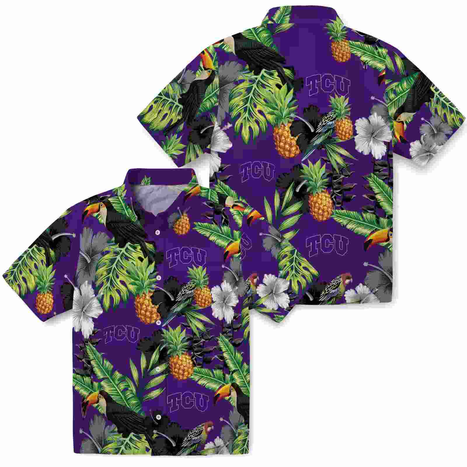 tcu horned frogs toucan hibiscus pineapple purple green hawaiian shirt high quality