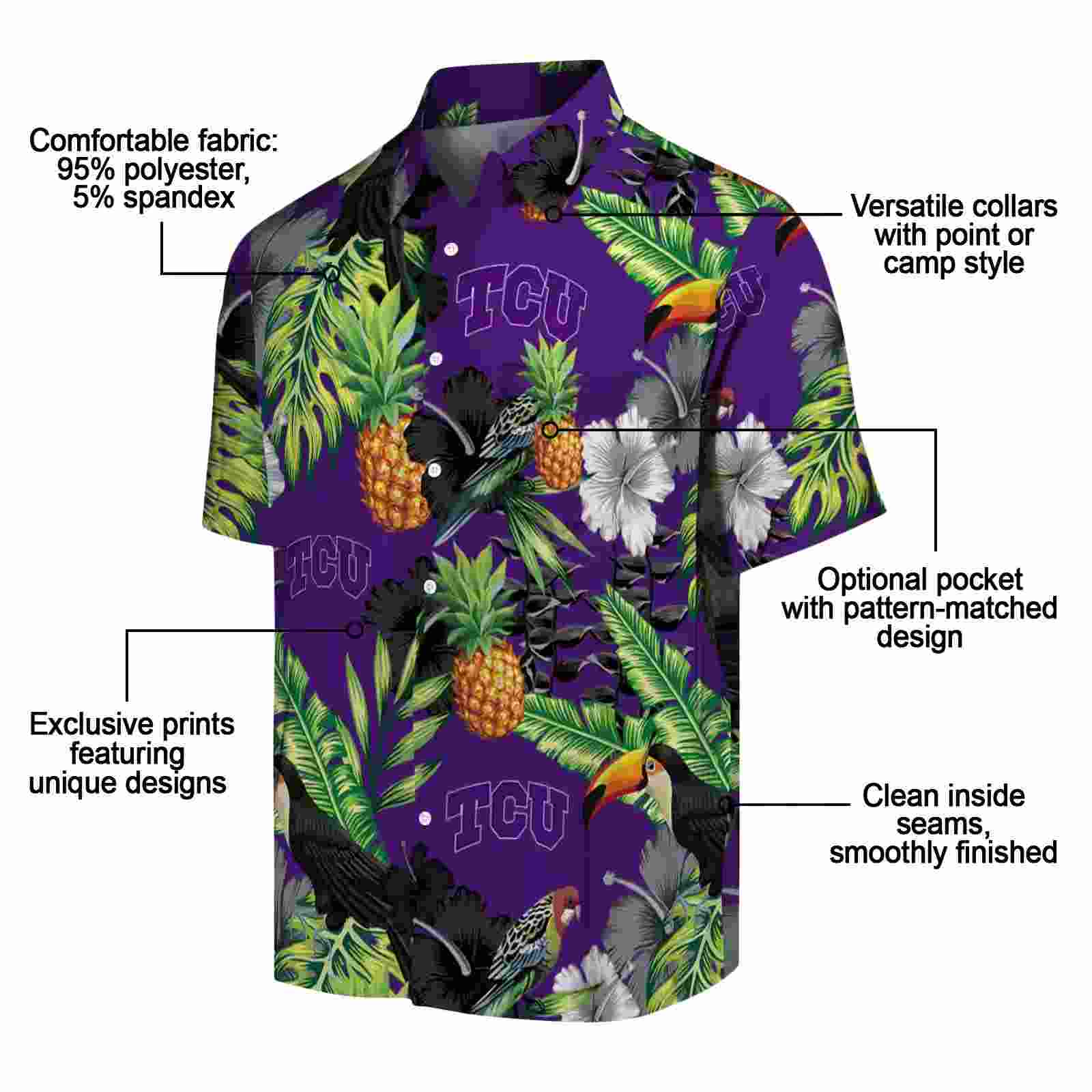 tcu horned frogs toucan hibiscus pineapple purple green hawaiian shirt new arrival