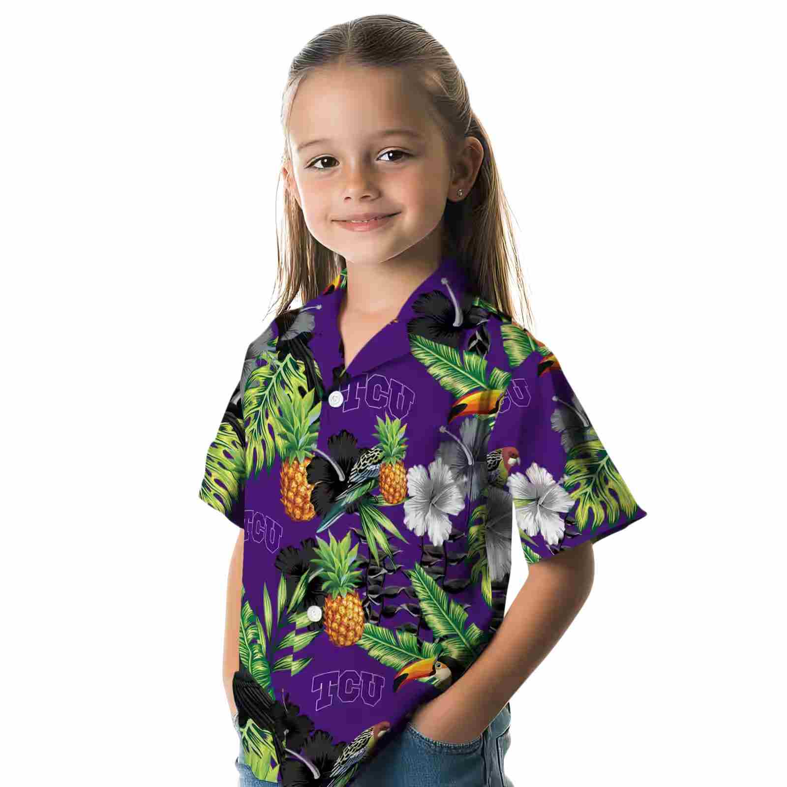 tcu horned frogs toucan hibiscus pineapple purple green hawaiian shirt premium grade