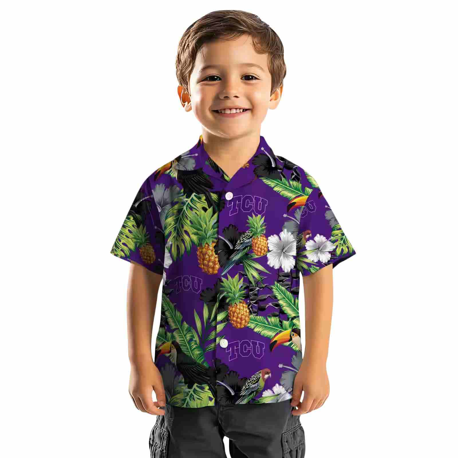 tcu horned frogs toucan hibiscus pineapple purple green hawaiian shirt top rated