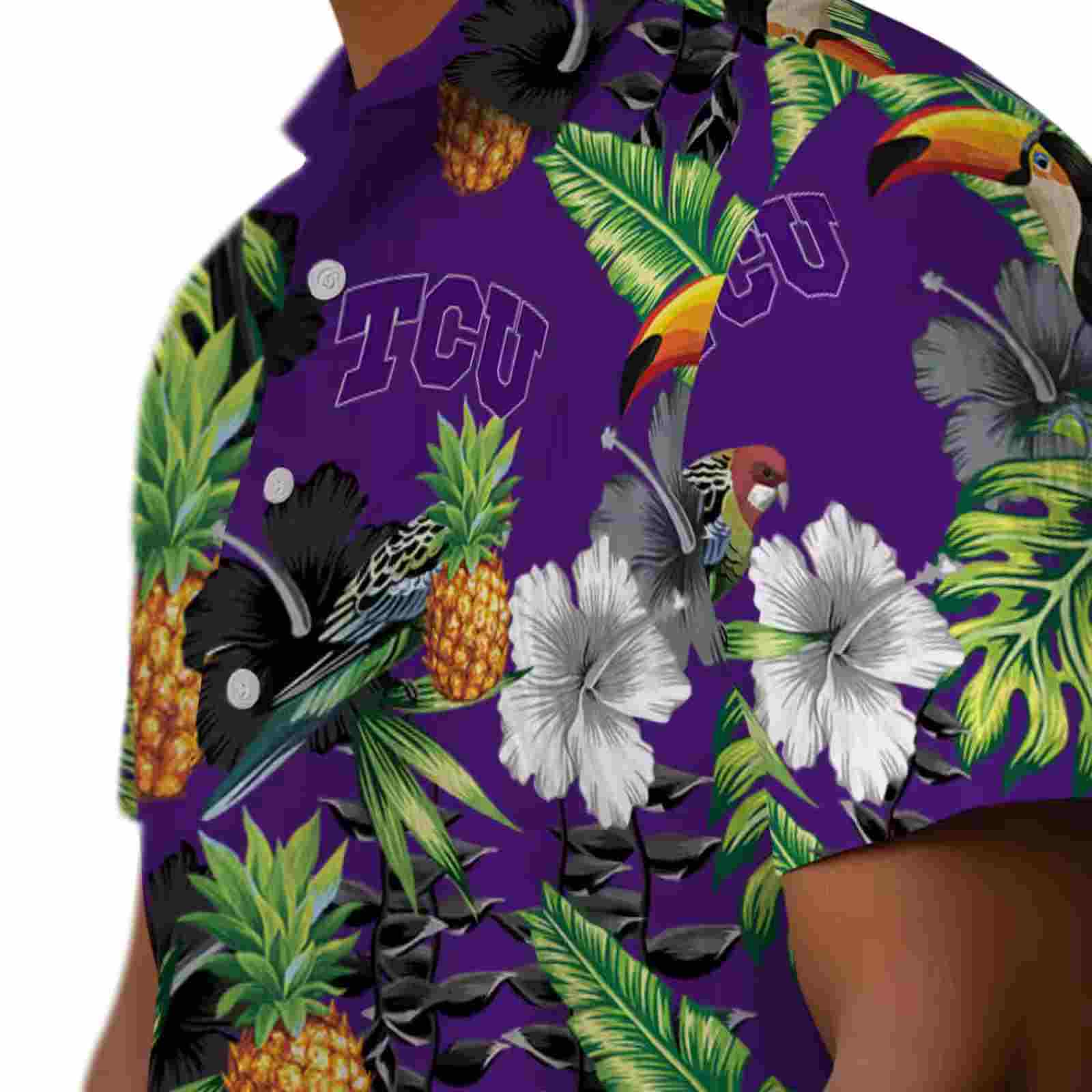 tcu horned frogs toucan hibiscus pineapple purple green hawaiian shirt trendy