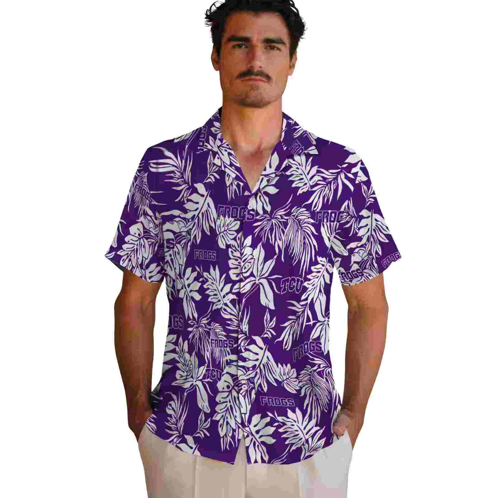 tcu horned frogs tropical leaf purple white hawaiian shirt fashion forward