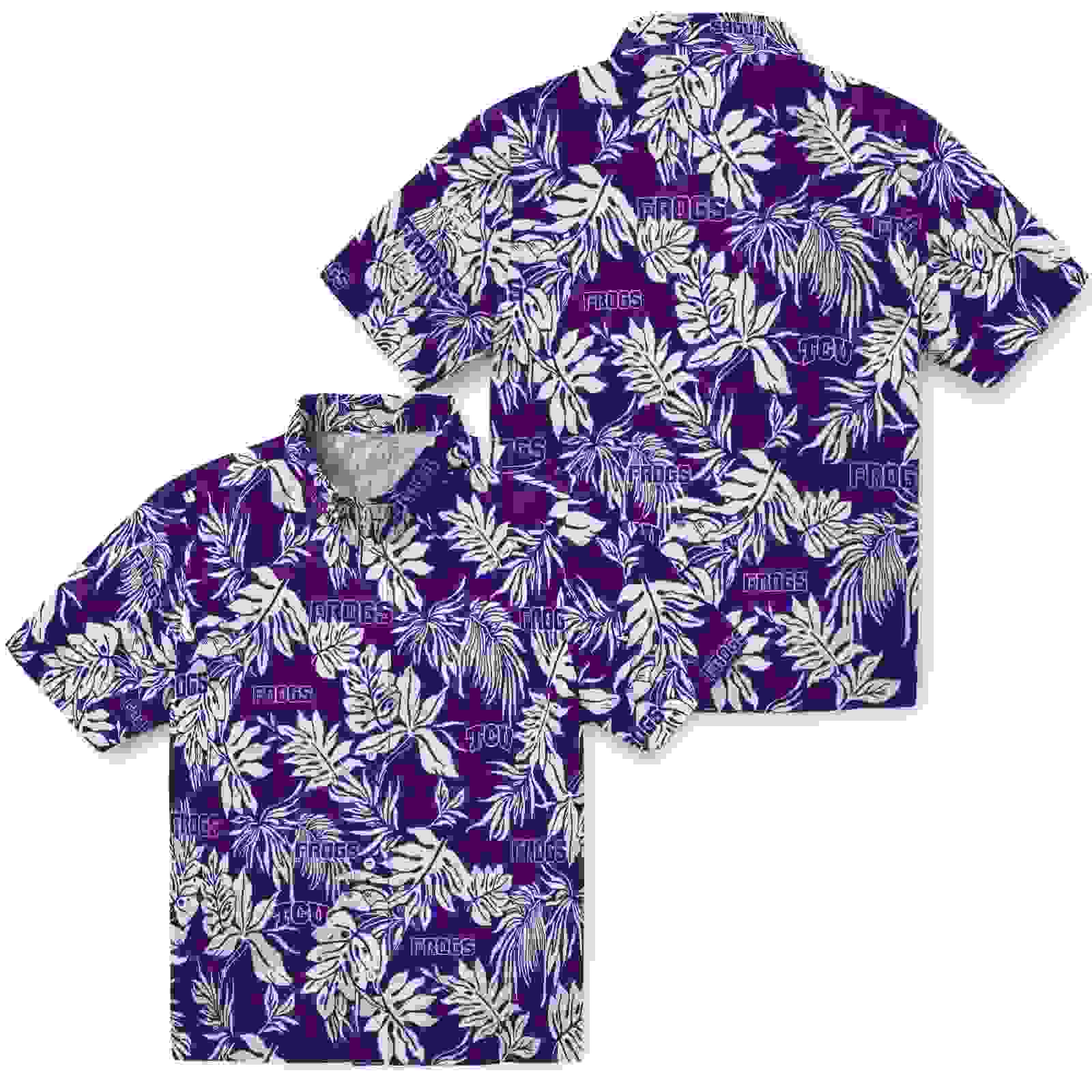 tcu horned frogs tropical leaf purple white hawaiian shirt high quality