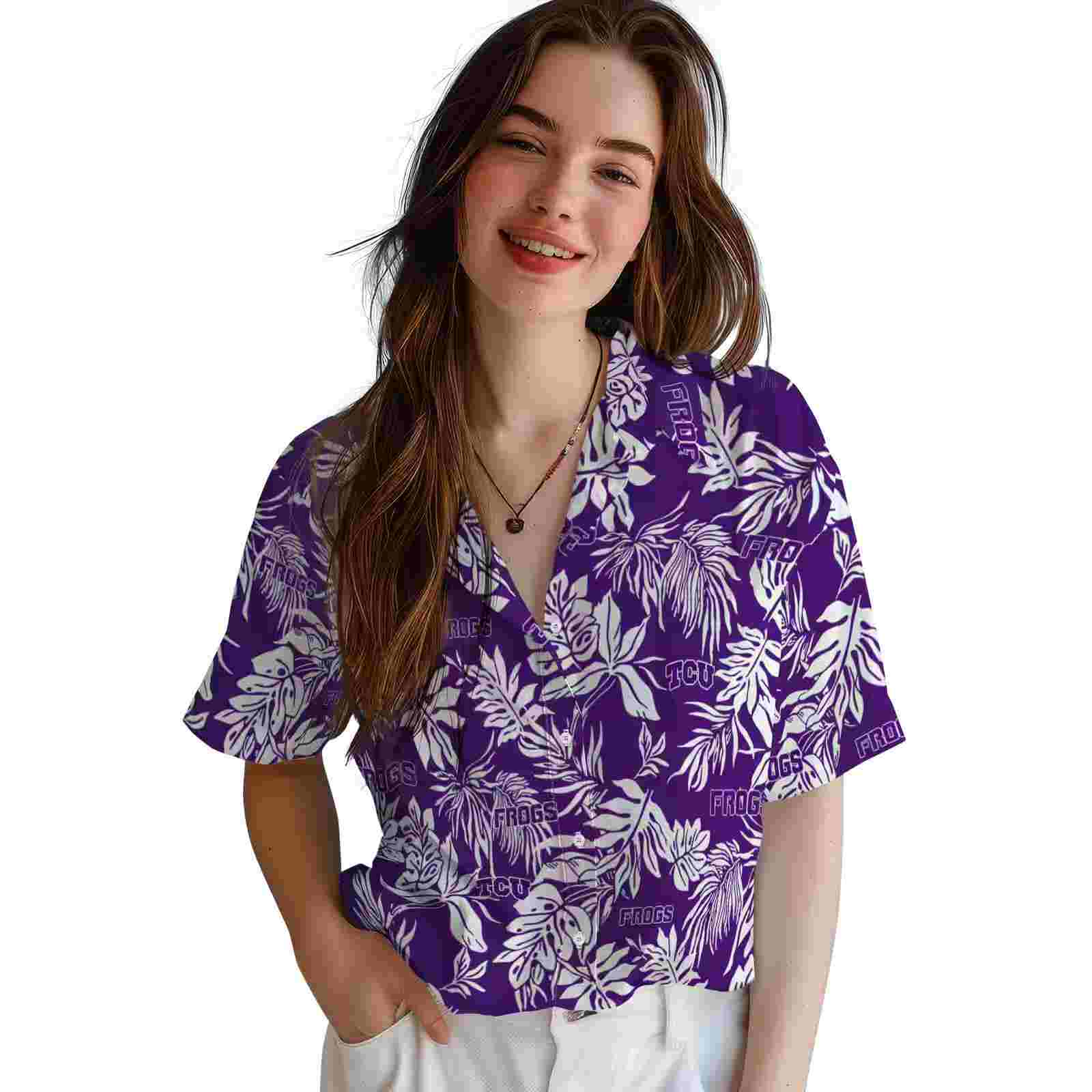 tcu horned frogs tropical leaf purple white hawaiian shirt latest model