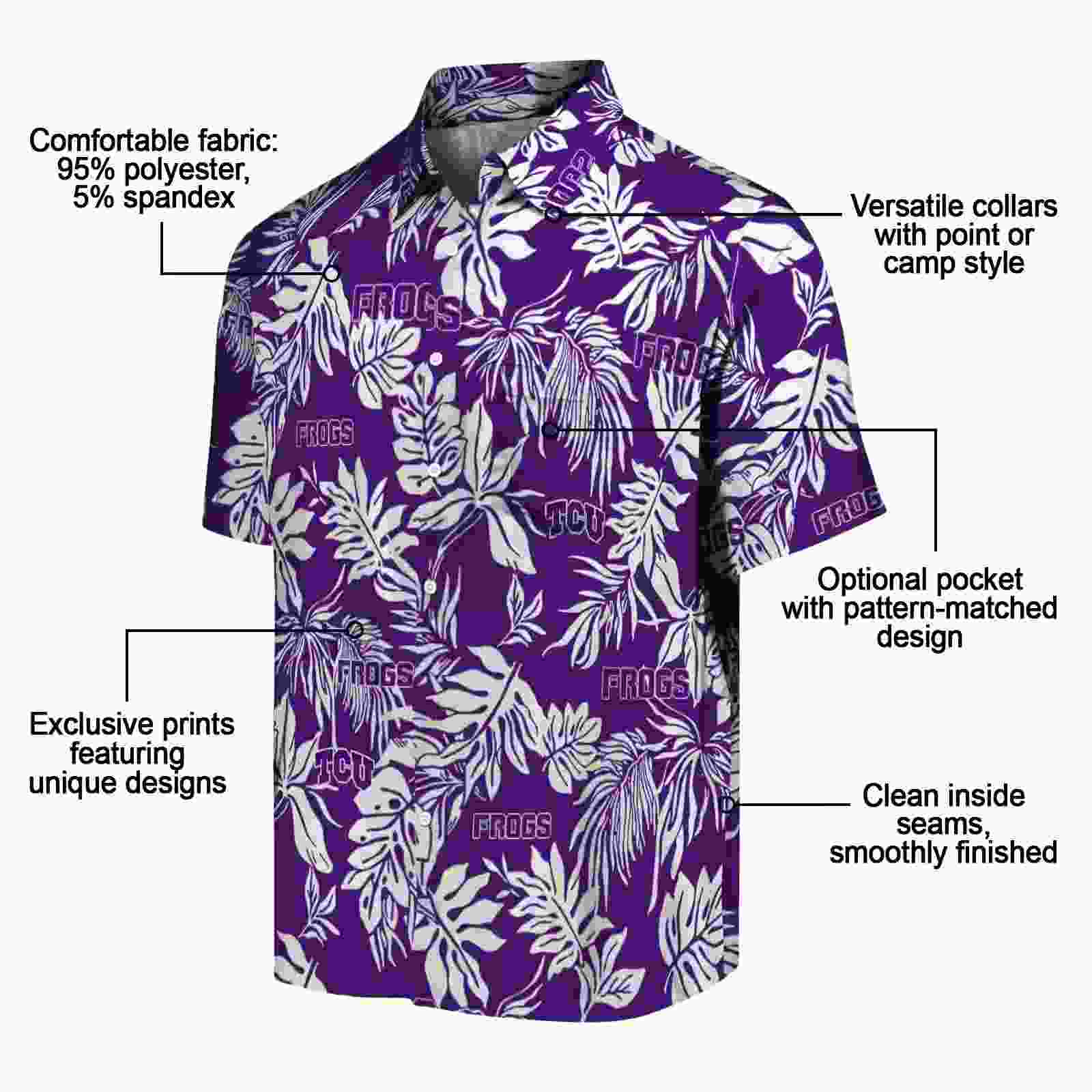 tcu horned frogs tropical leaf purple white hawaiian shirt new arrival