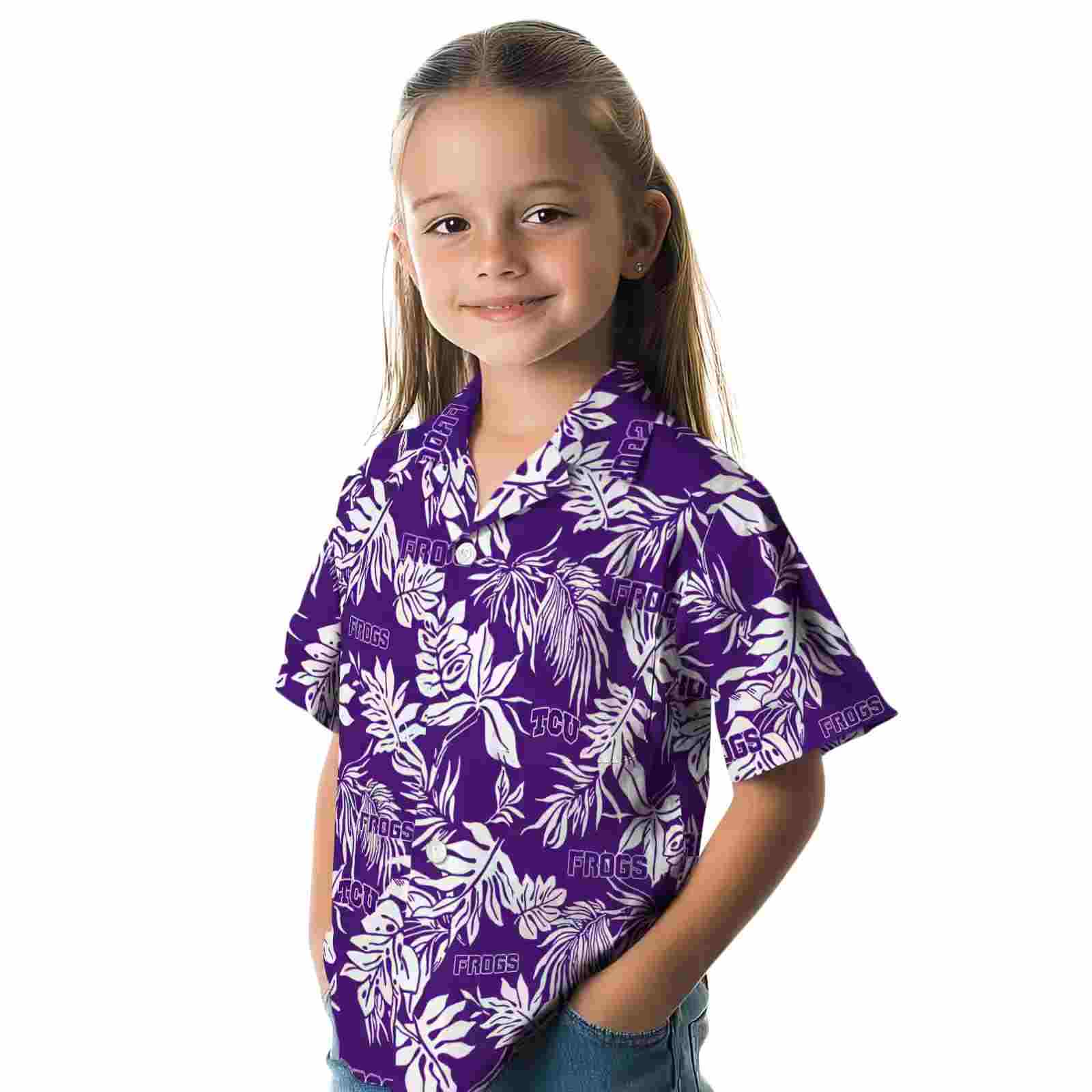 tcu horned frogs tropical leaf purple white hawaiian shirt premium grade