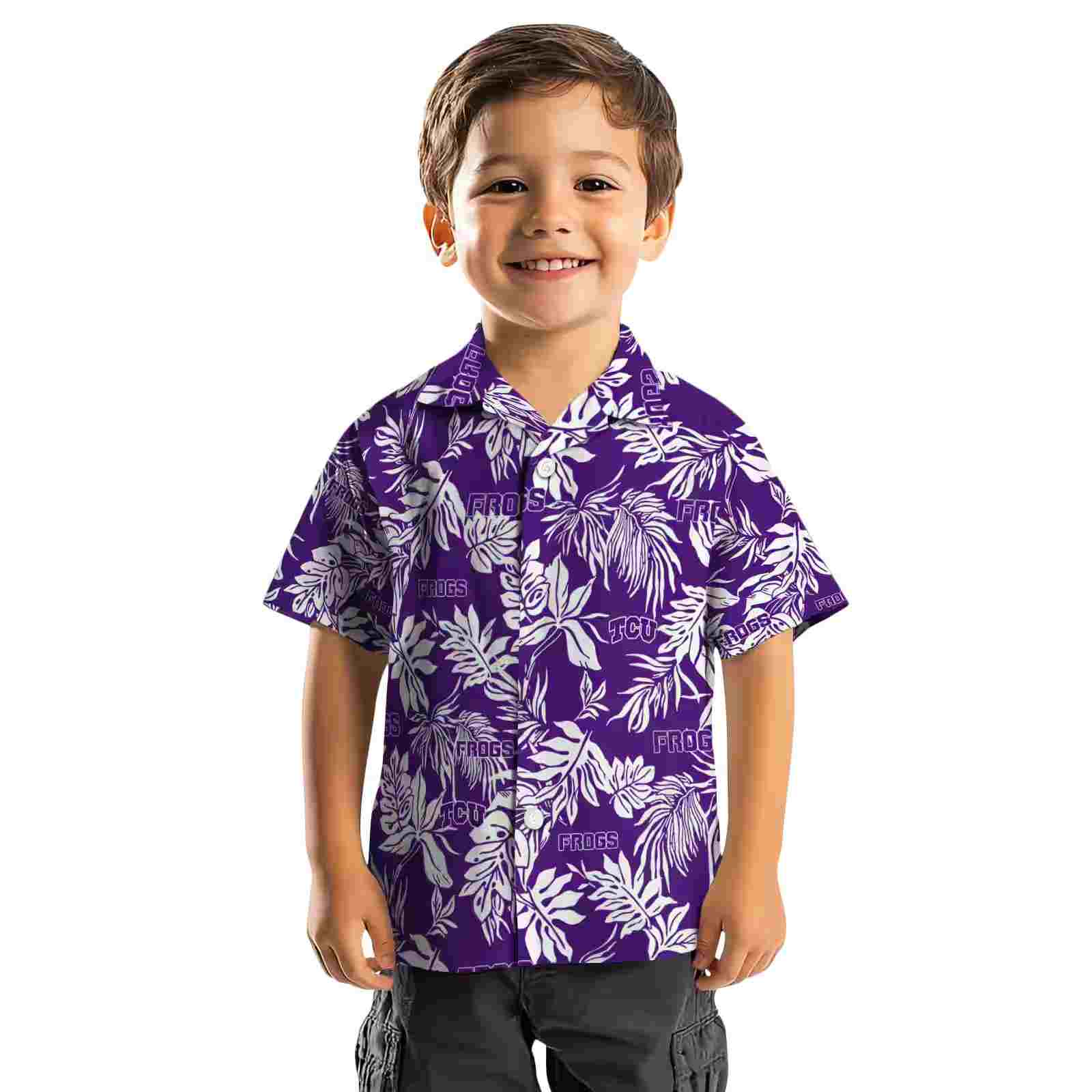 tcu horned frogs tropical leaf purple white hawaiian shirt top rated