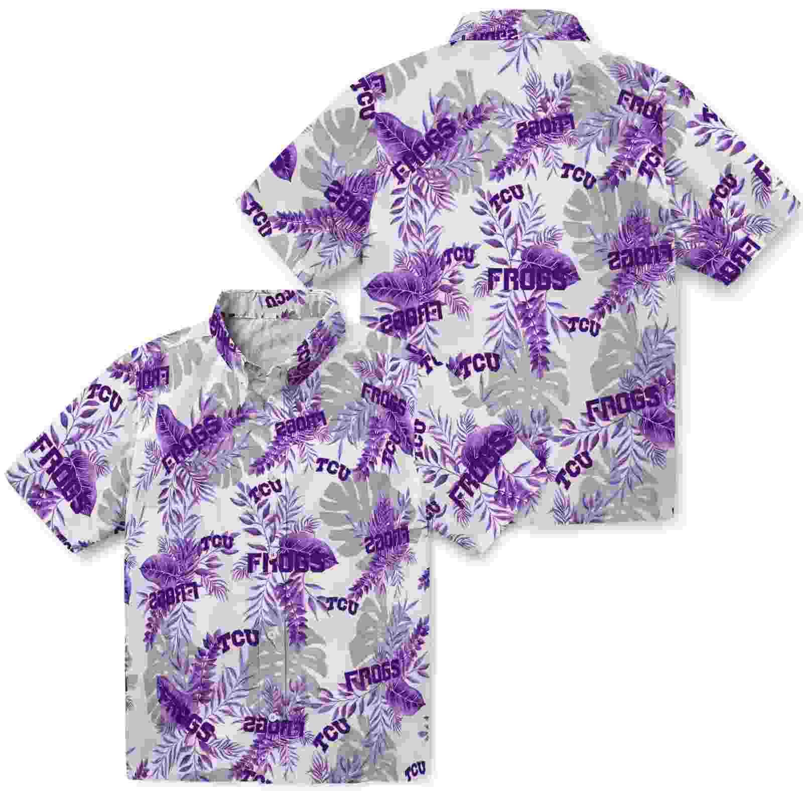 tcu horned frogs tropical leaves purple white hawaiian shirt high quality