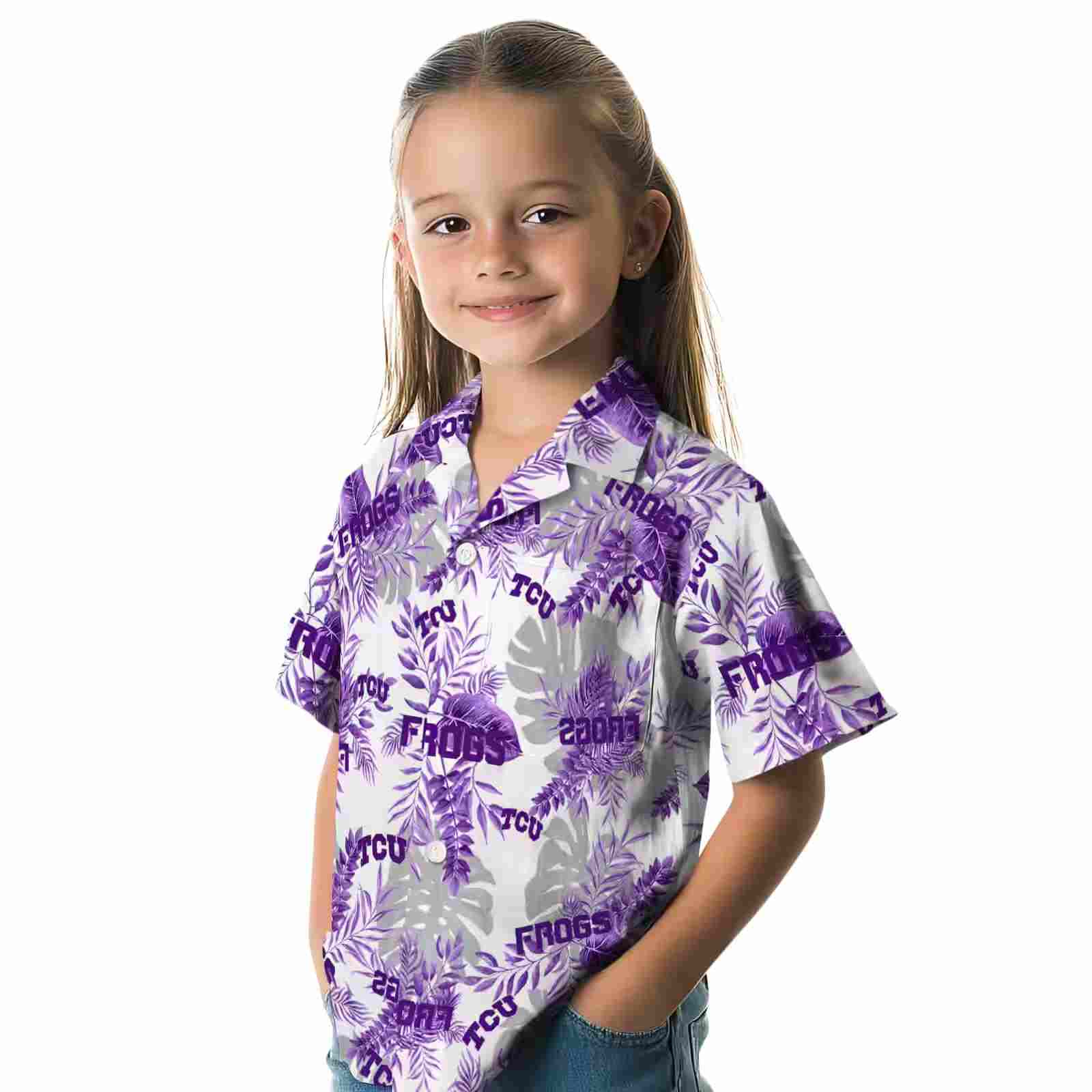 tcu horned frogs tropical leaves purple white hawaiian shirt premium grade