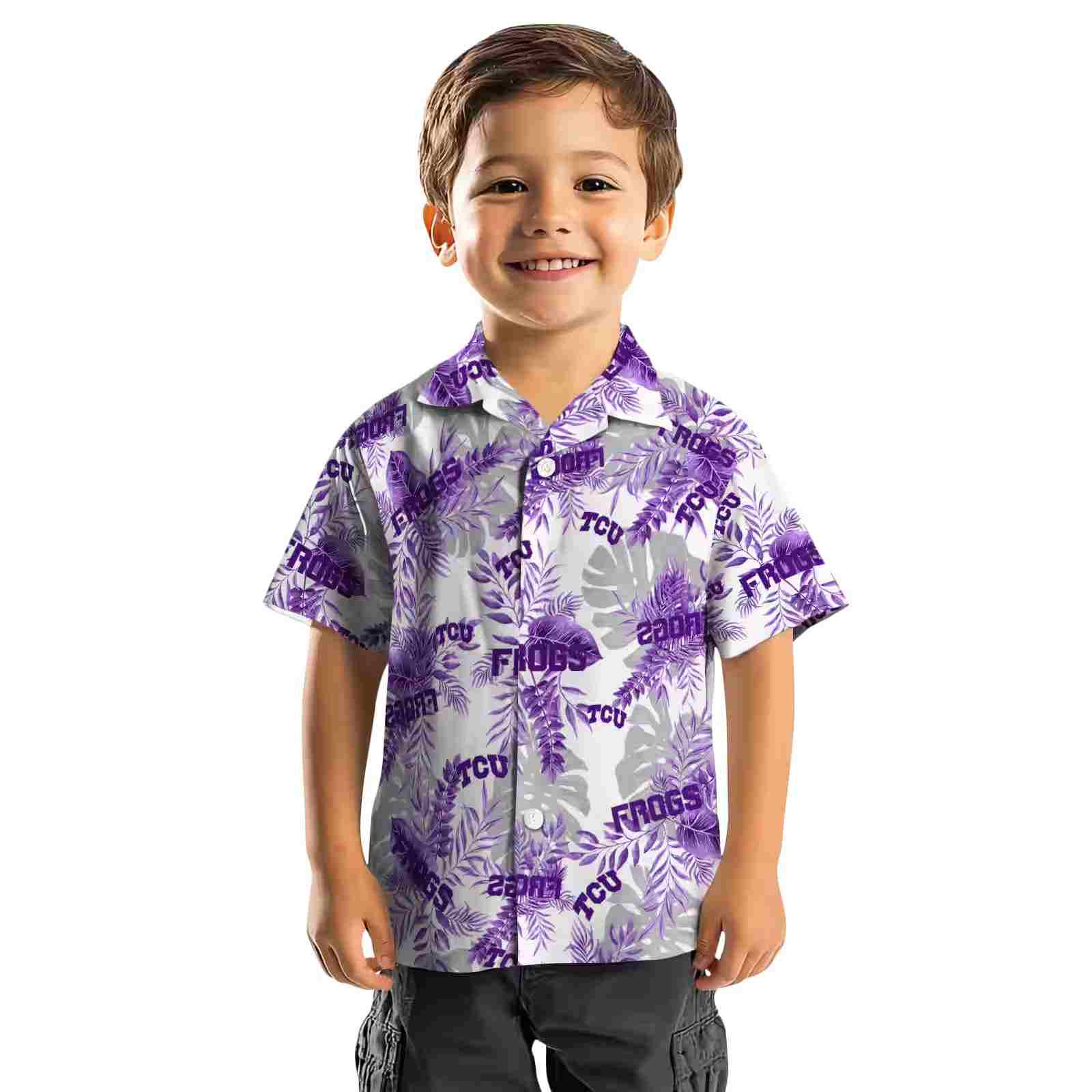 tcu horned frogs tropical leaves purple white hawaiian shirt top rated