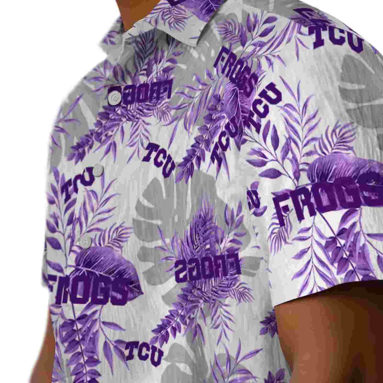 tcu horned frogs tropical leaves purple white hawaiian shirt trendy