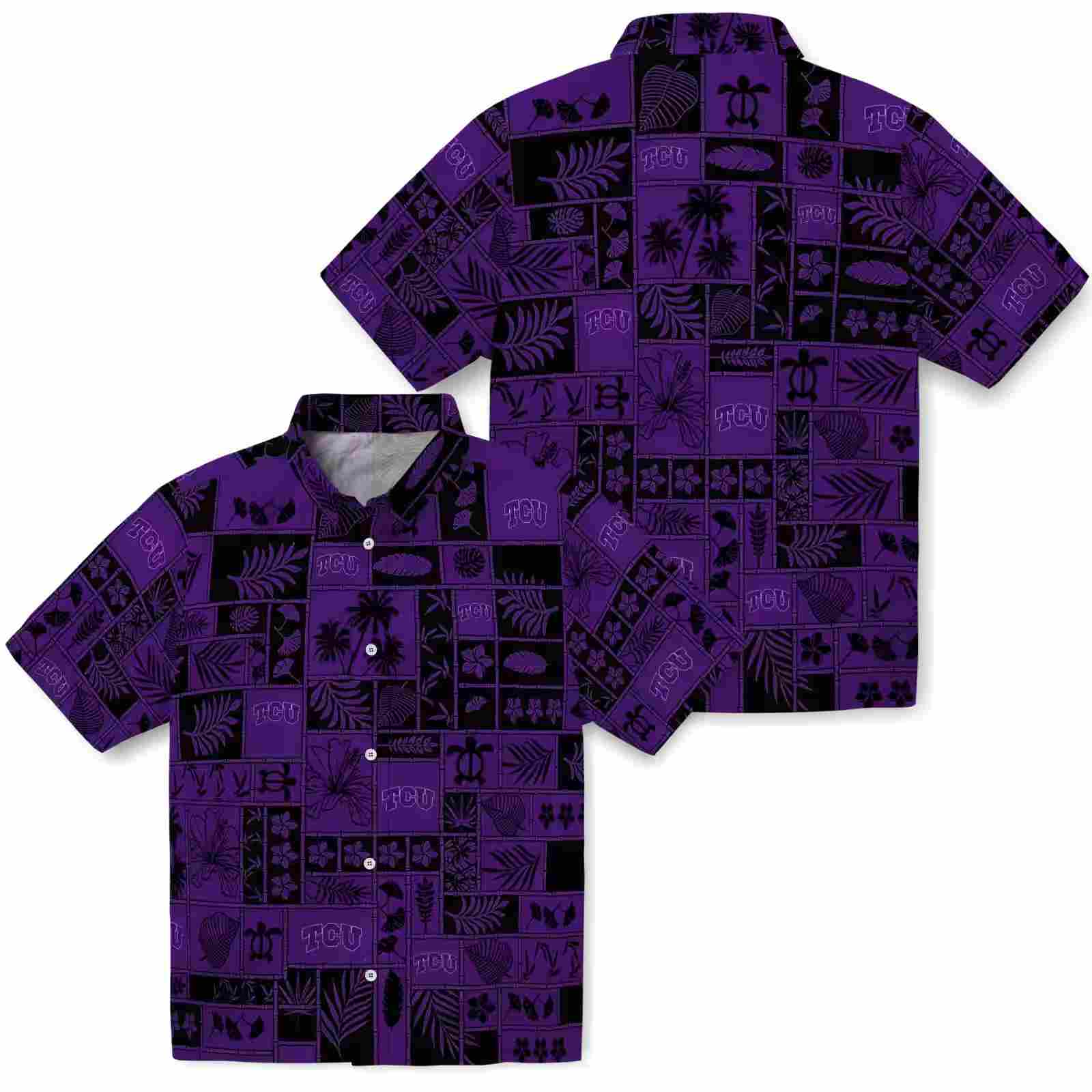 tcu horned frogs tropical patchwork purple black hawaiian shirt high quality