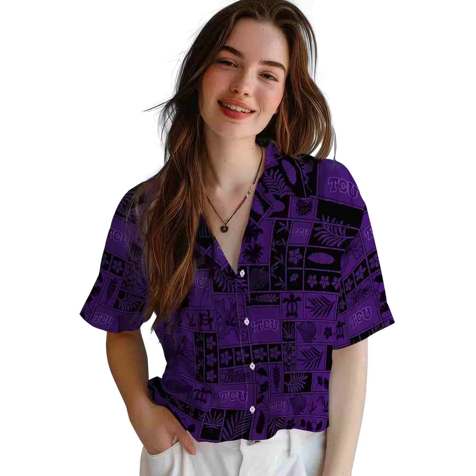 tcu horned frogs tropical patchwork purple black hawaiian shirt latest model