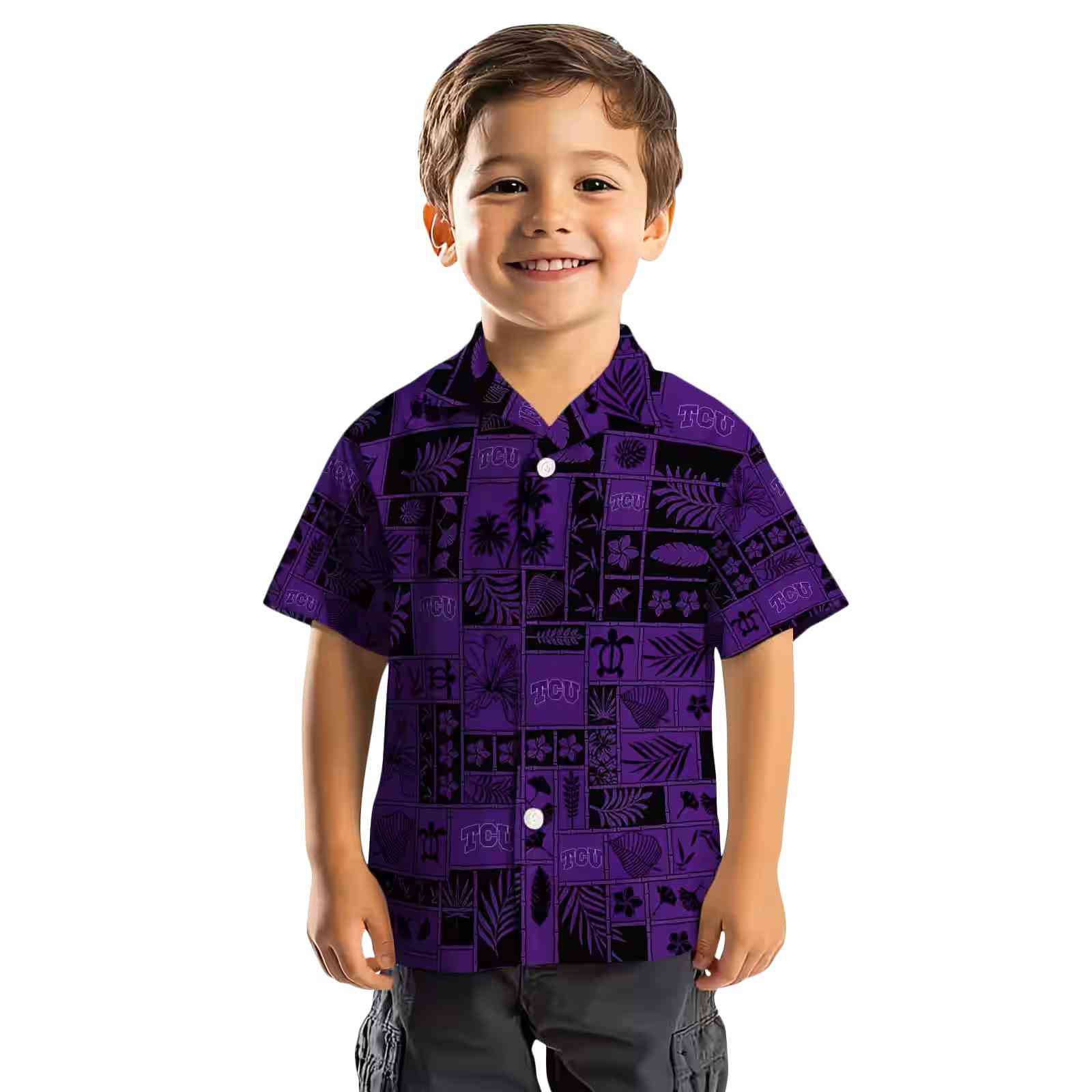 tcu horned frogs tropical patchwork purple black hawaiian shirt top rated