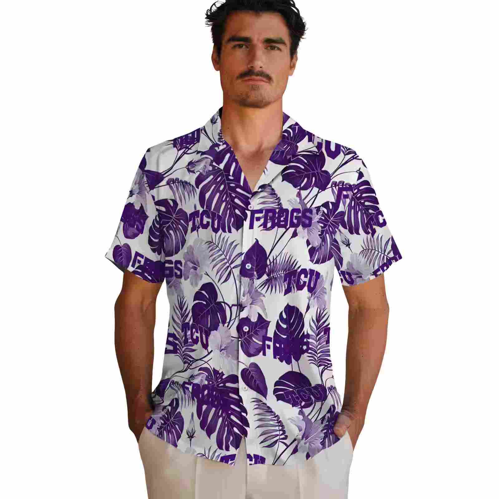 tcu horned frogs tropical plants purple white hawaiian shirt fashion forward