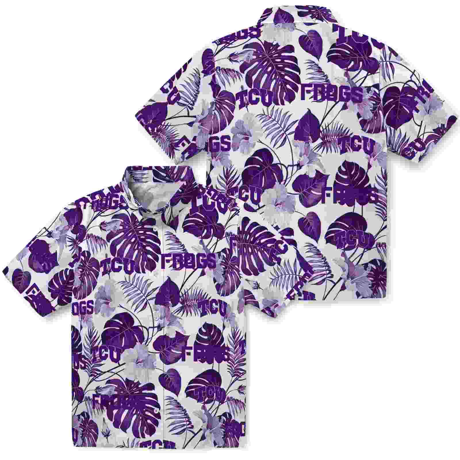 tcu horned frogs tropical plants purple white hawaiian shirt high quality