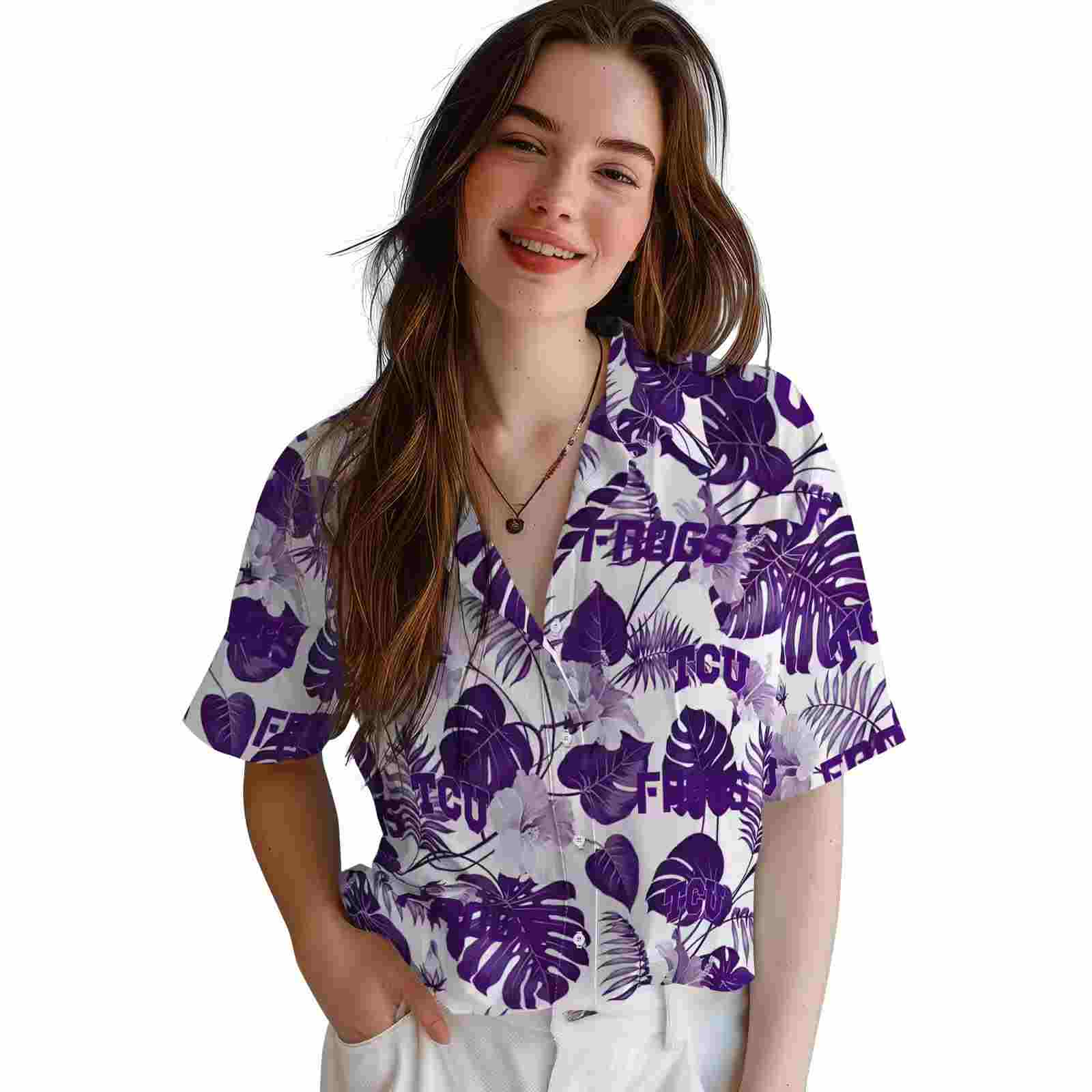 tcu horned frogs tropical plants purple white hawaiian shirt latest model