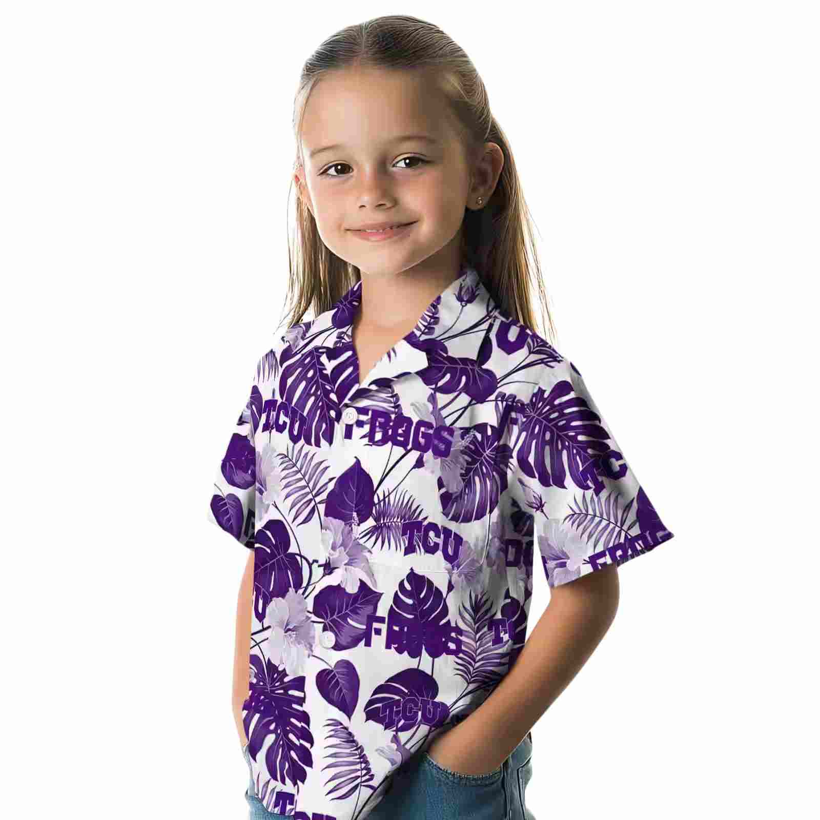 tcu horned frogs tropical plants purple white hawaiian shirt premium grade