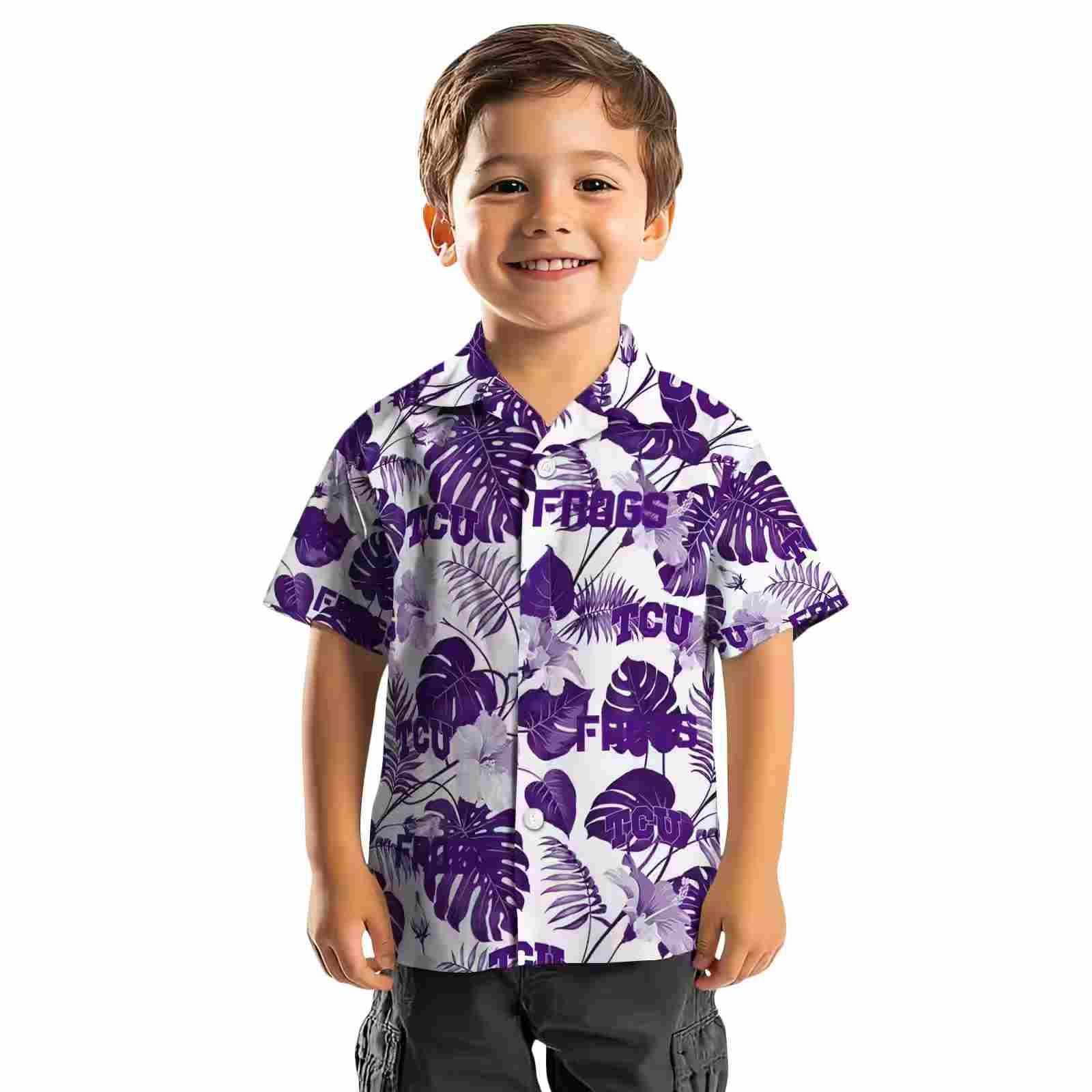 tcu horned frogs tropical plants purple white hawaiian shirt top rated