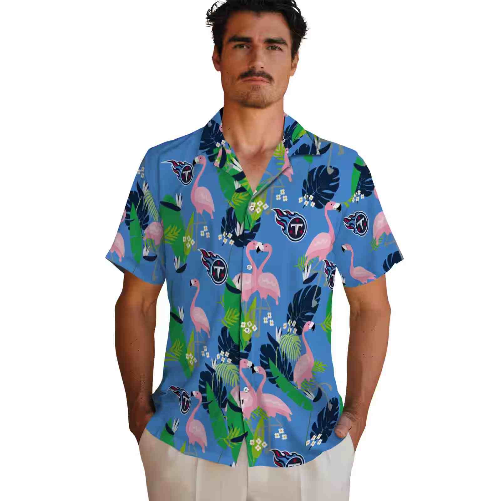 tennessee titans flamingo foliage navy green hawaiian shirt fashion forward