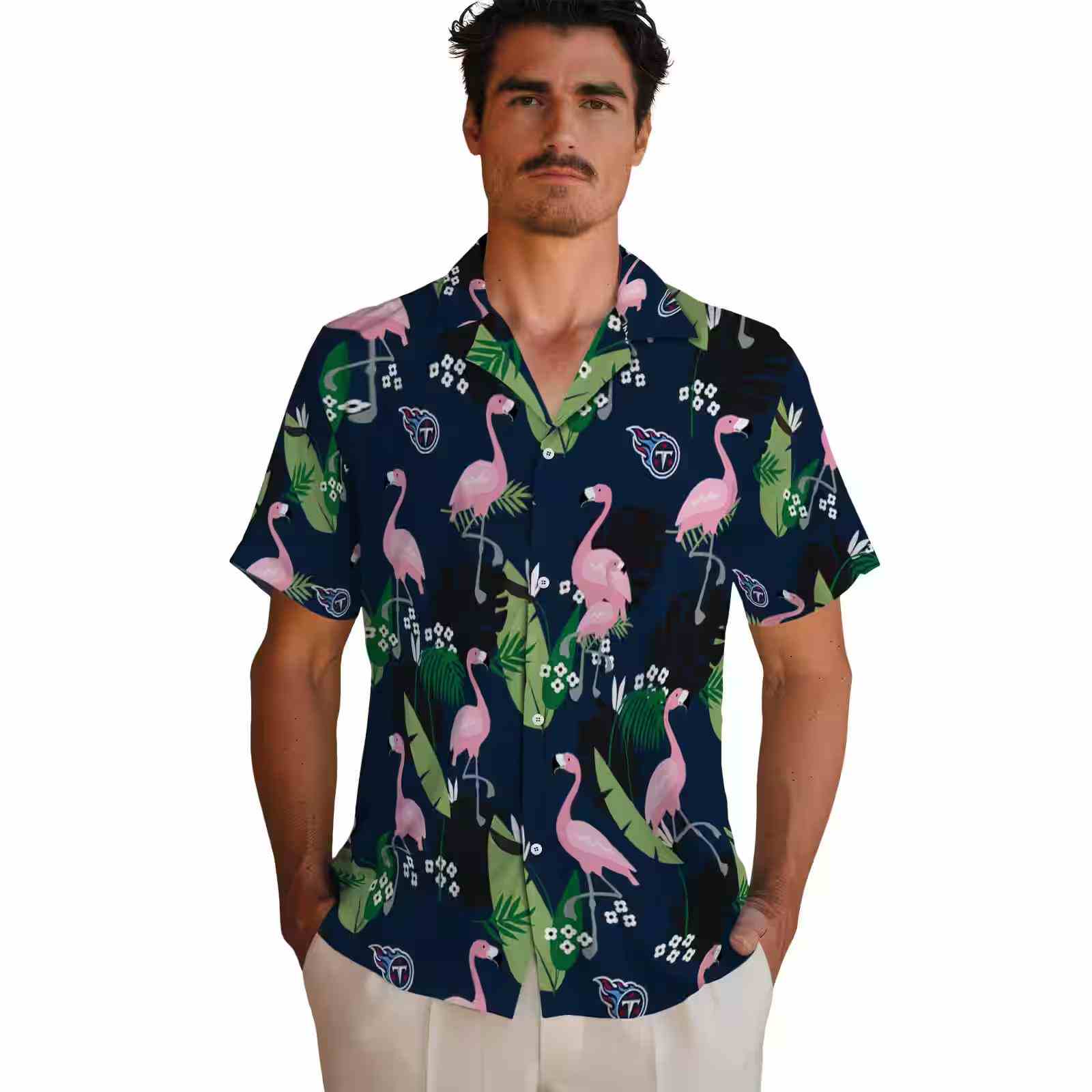 tennessee titans flamingo leaf motif navy hawaiian shirt fashion forward