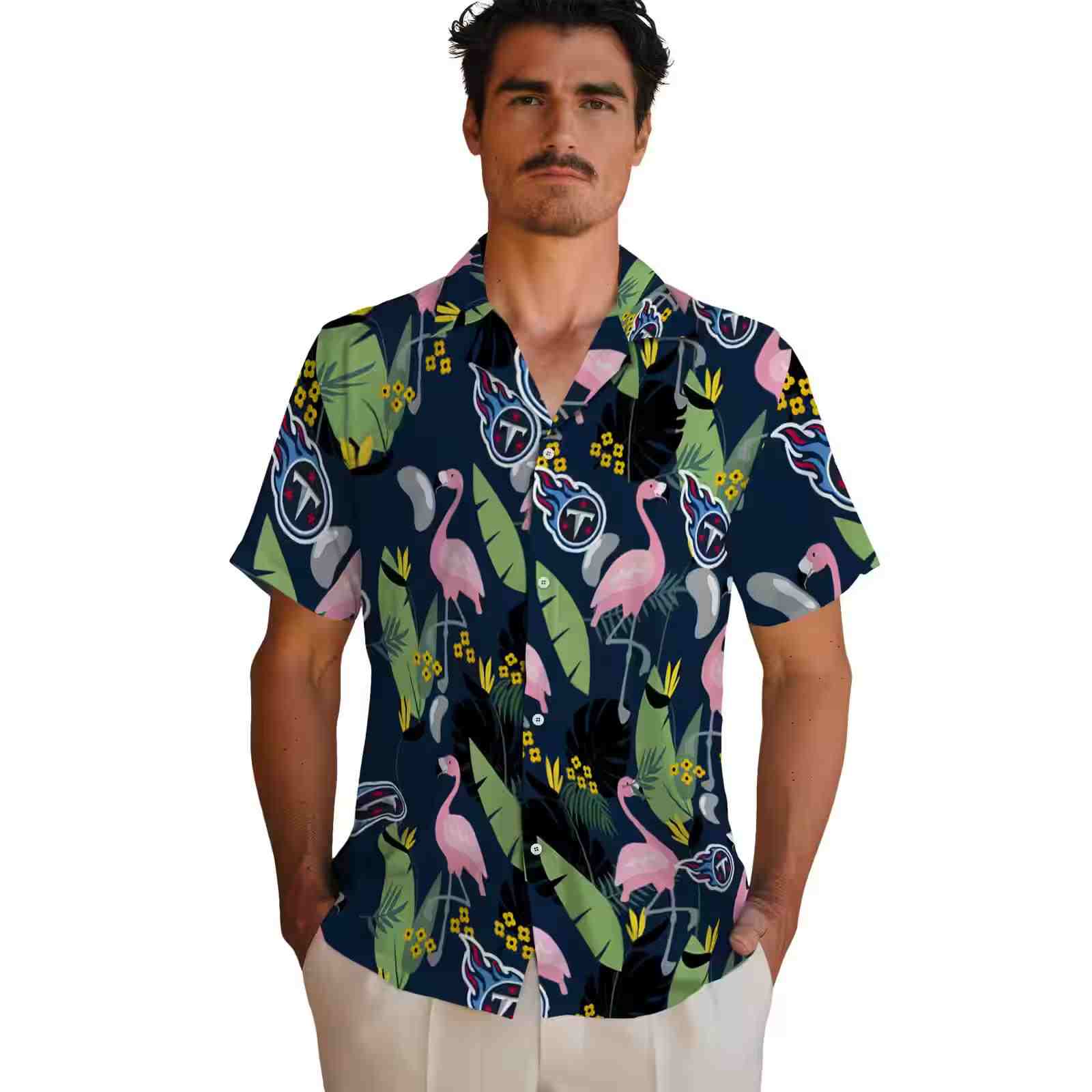 tennessee titans flamingo leaves navy hawaiian shirt fashion forward