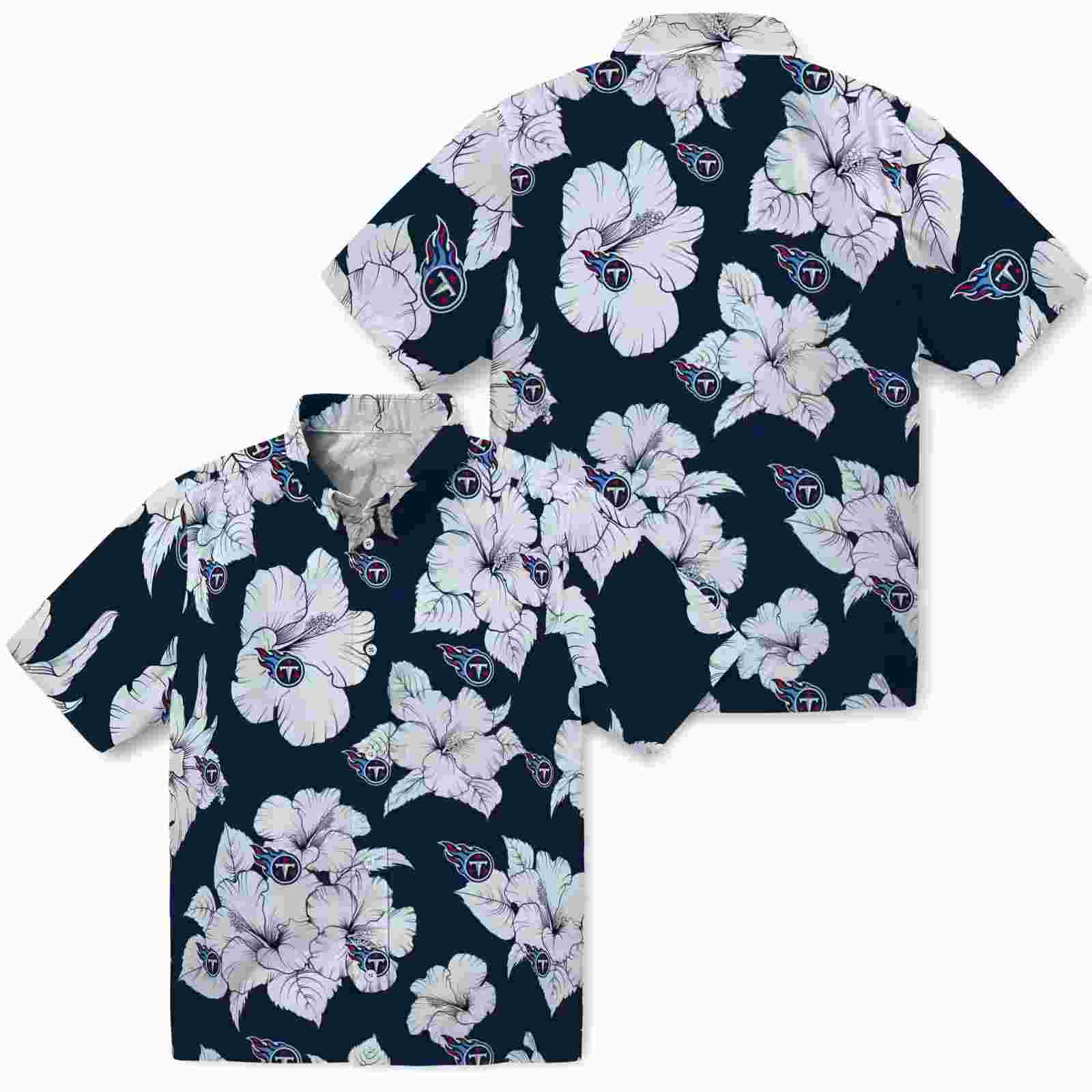 tennessee titans hibiscus blooms navy white hawaiian shirt high quality