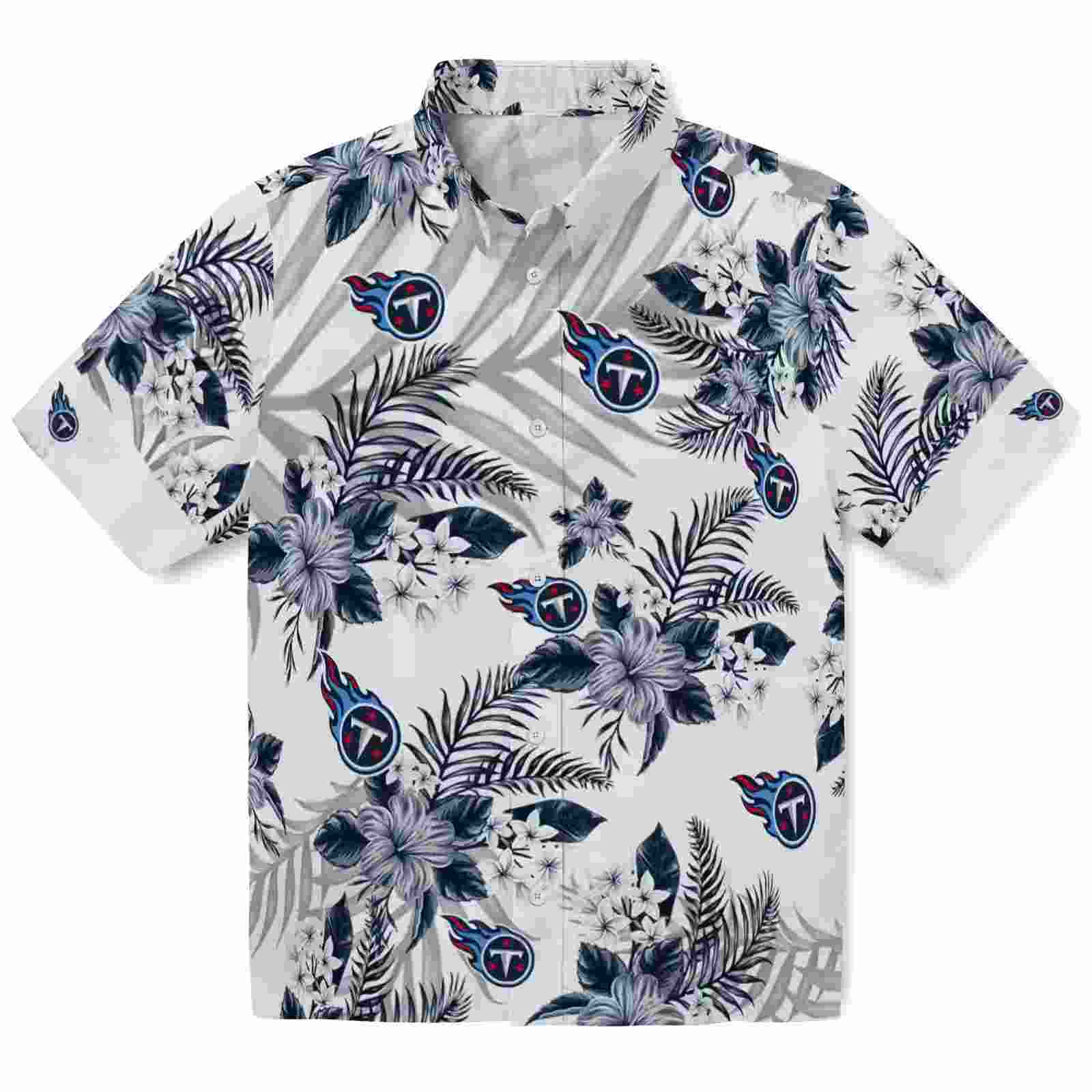 Tennessee Titans Hibiscus Palm Leaves Navy White Hawaiian Shirt