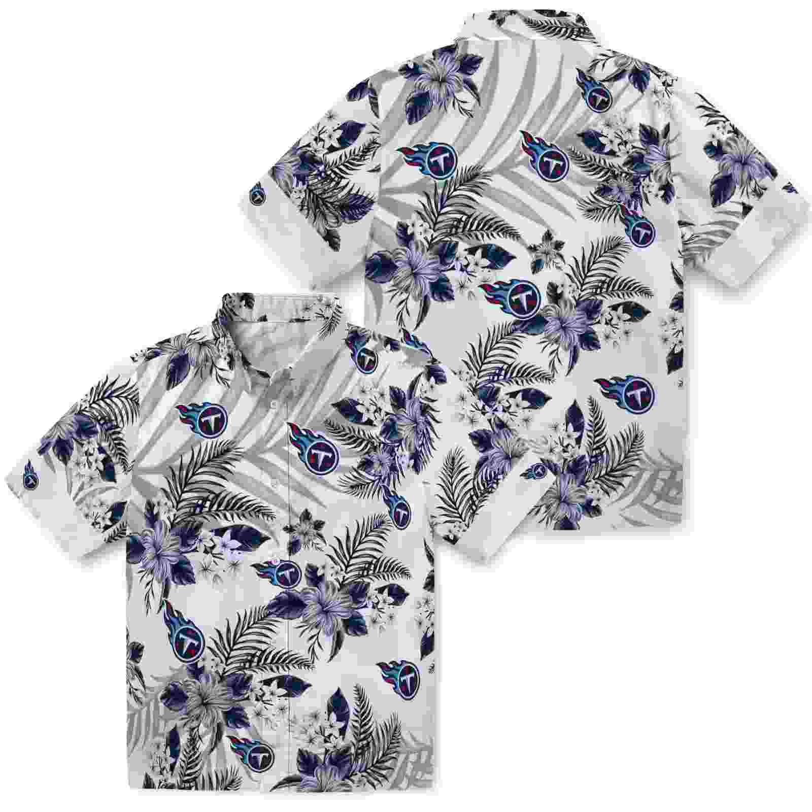 tennessee titans hibiscus palm leaves navy white hawaiian shirt high quality