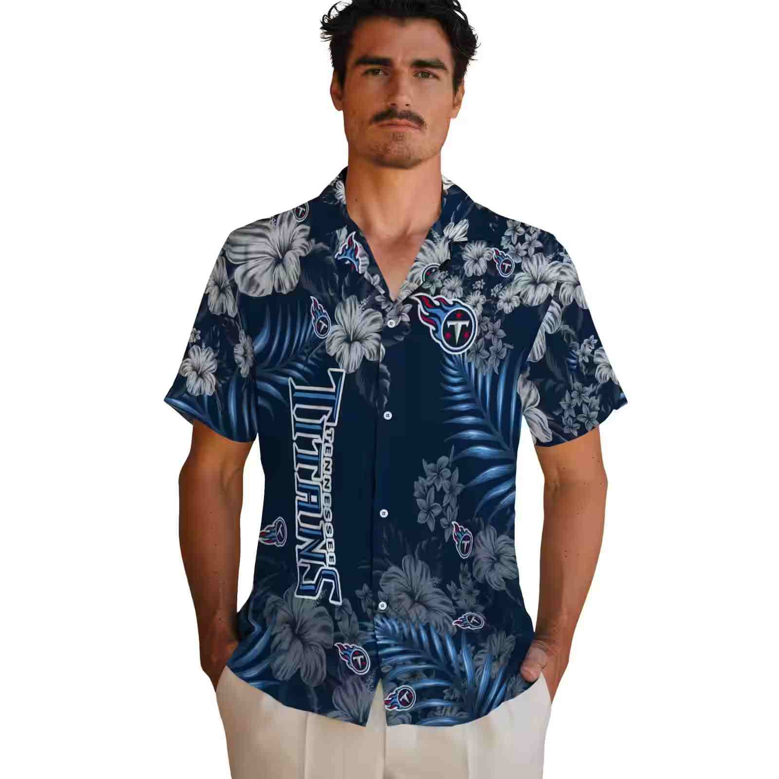 tennessee titans hibiscus print navy hawaiian shirt fashion forward