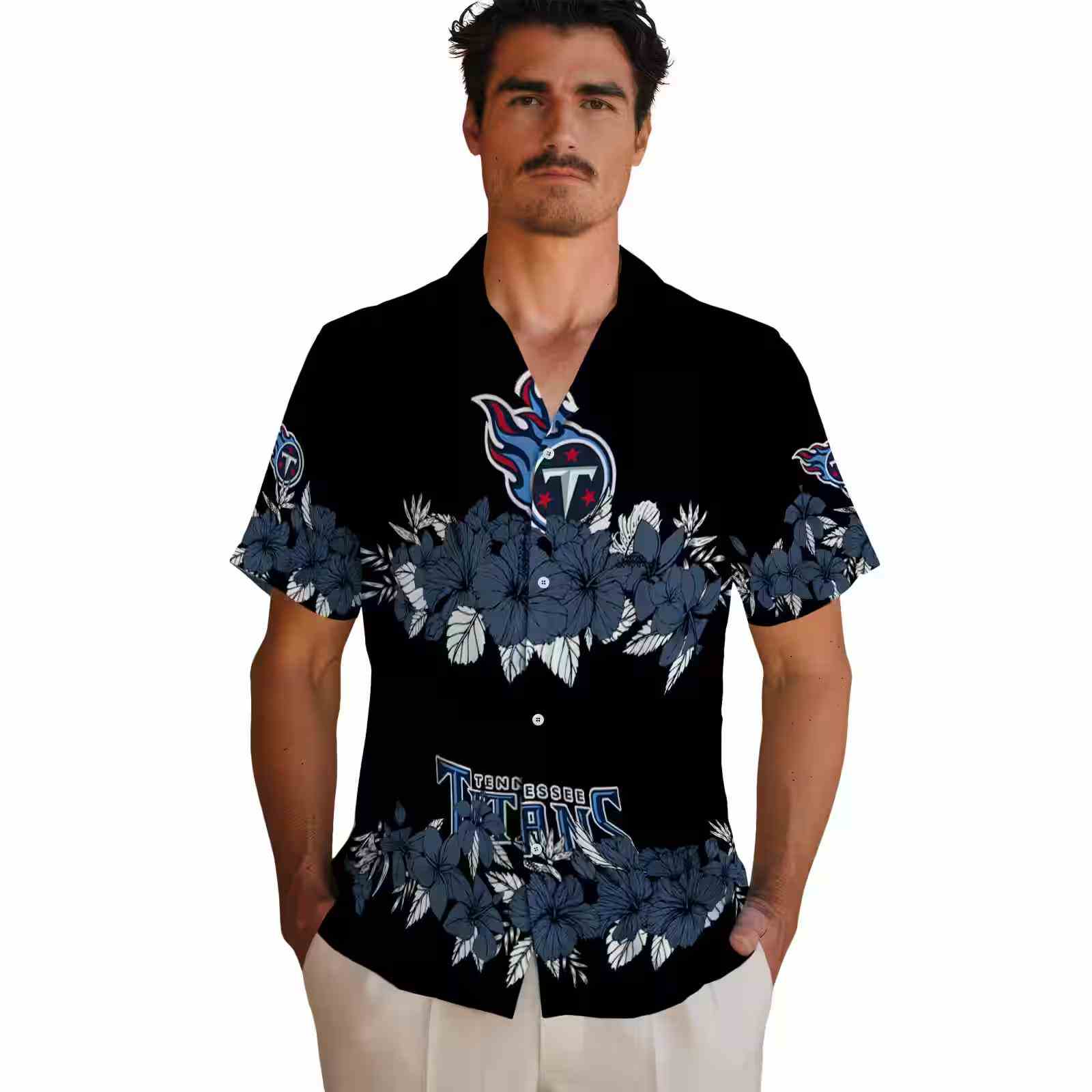 tennessee titans hibiscus stripe navy black hawaiian shirt fashion forward