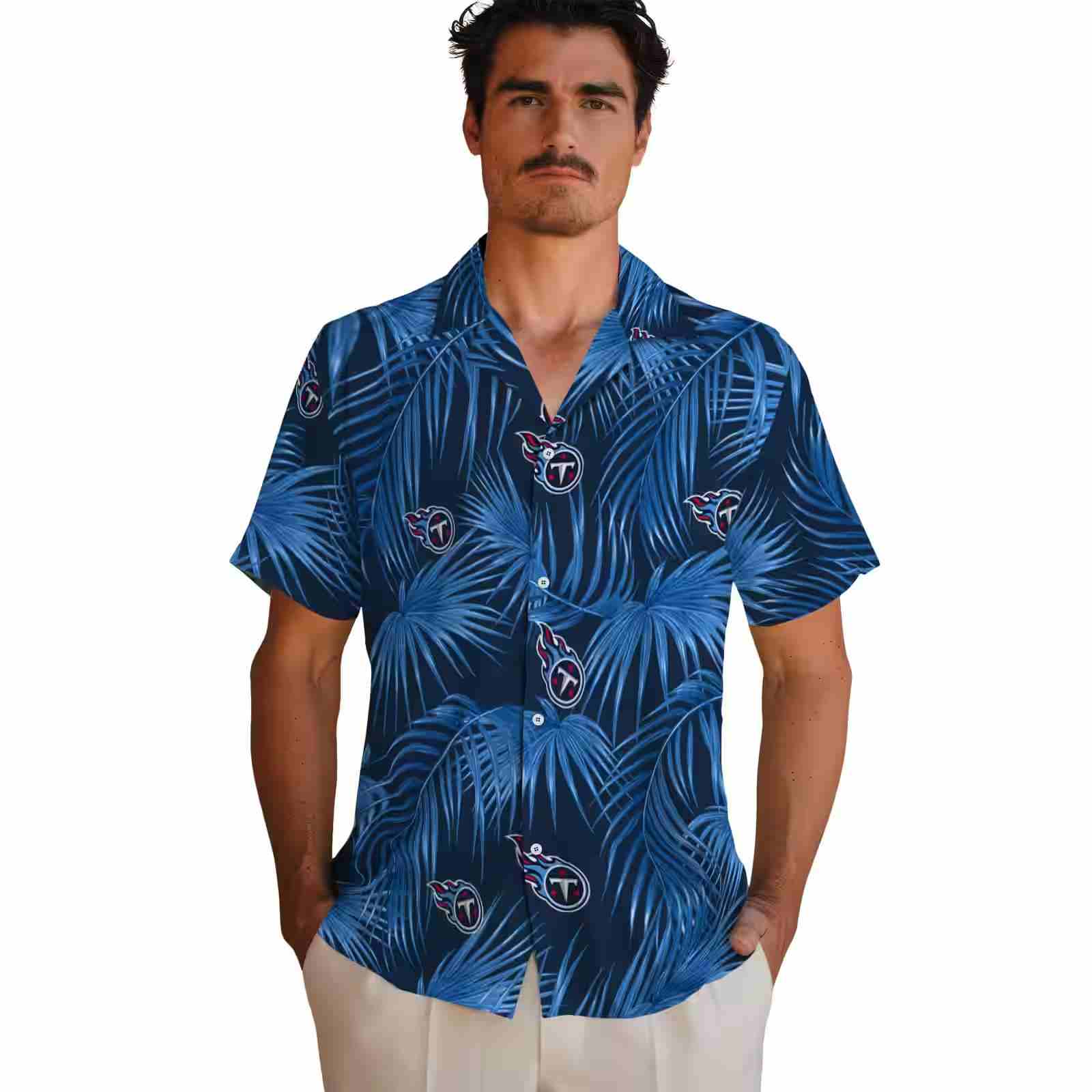 tennessee titans leafy palms navy hawaiian shirt fashion forward