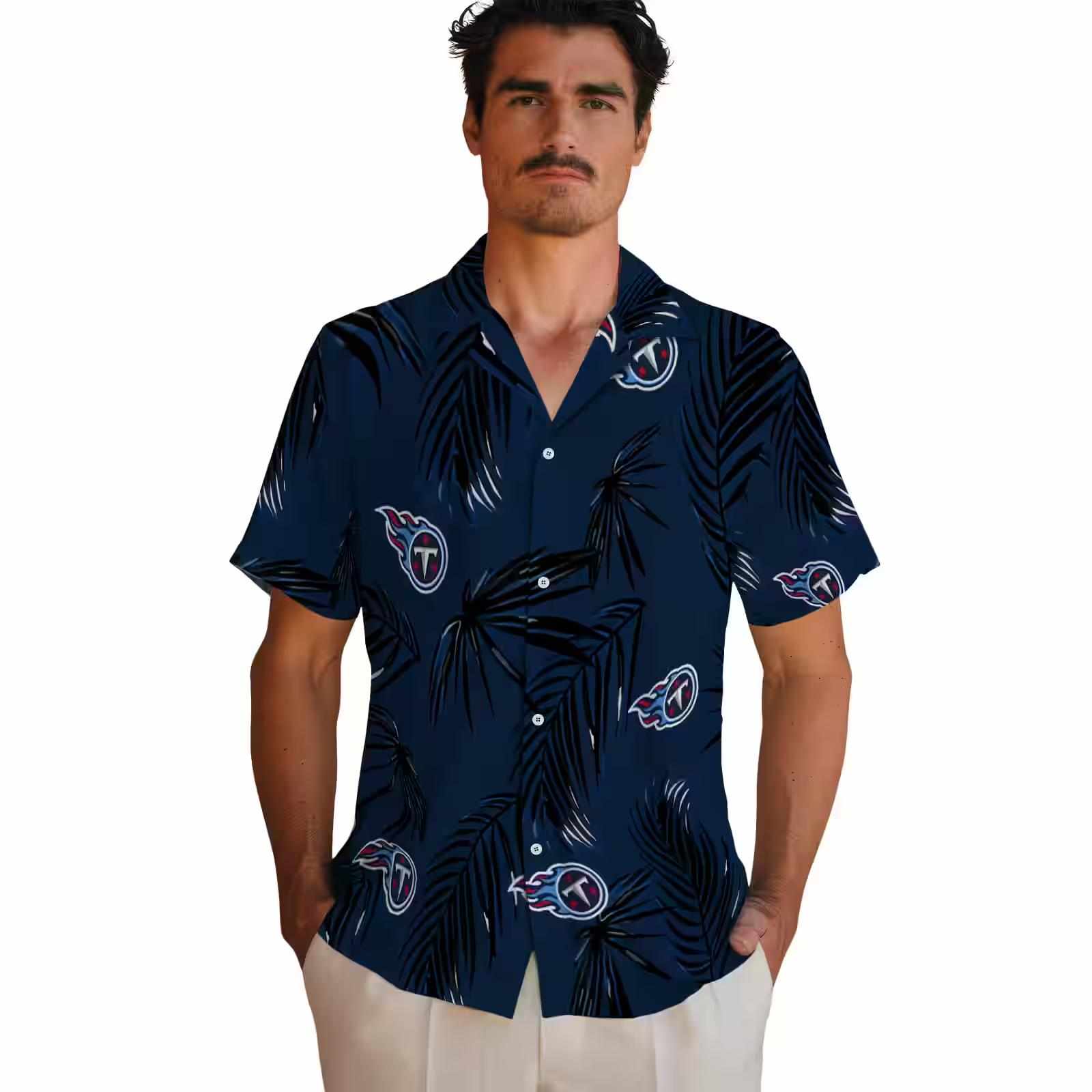 tennessee titans palm leaf navy hawaiian shirt fashion forward