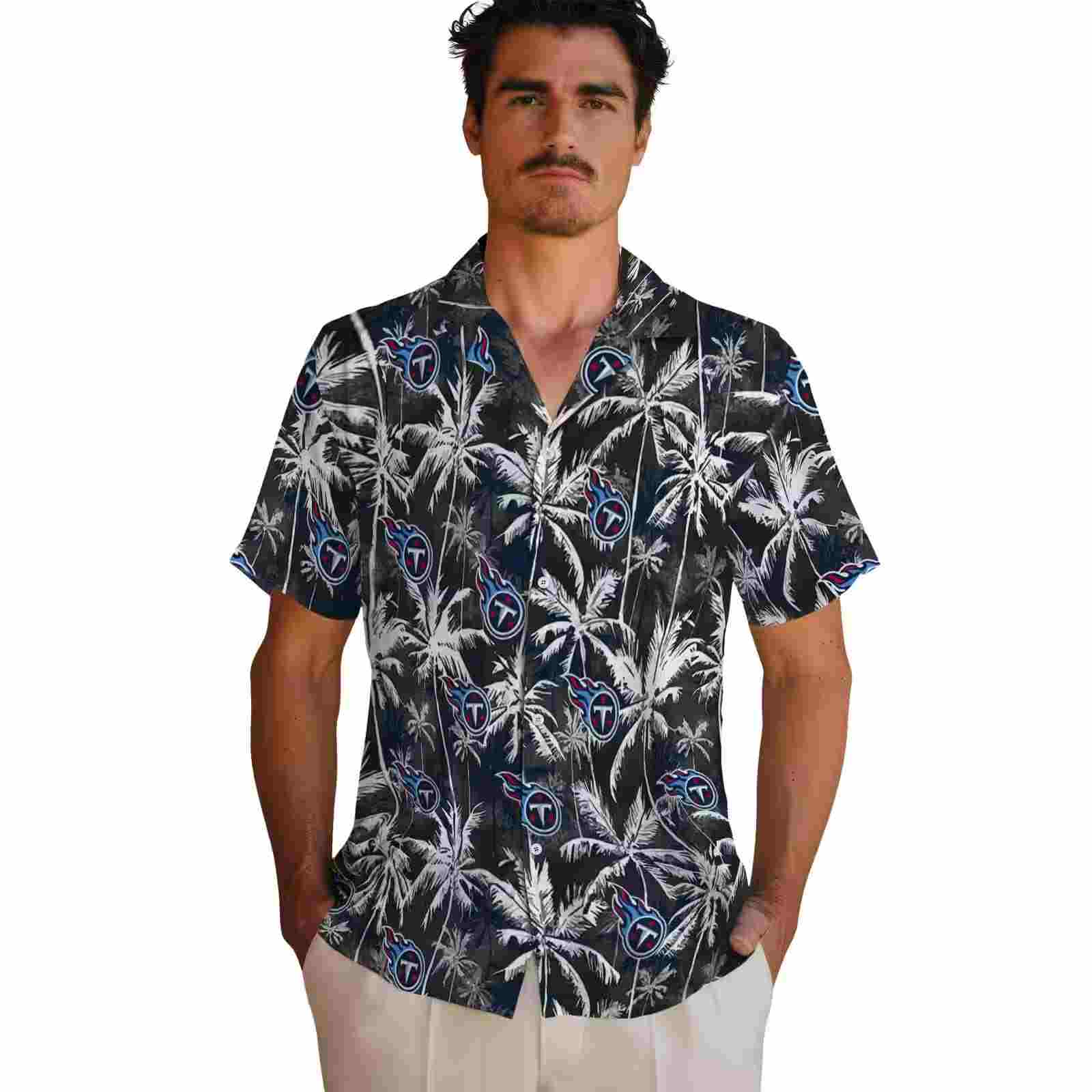 tennessee titans palm pattern navy black hawaiian shirt fashion forward