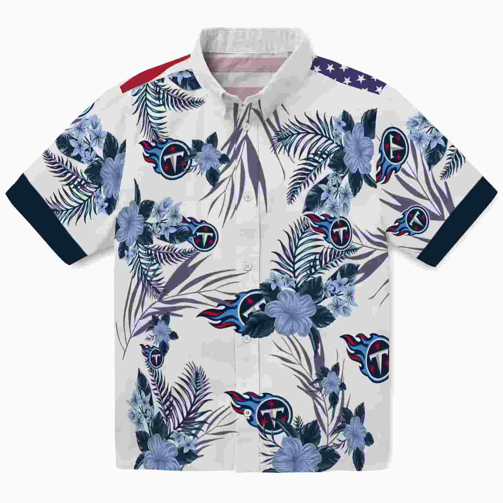 Tennessee Titans Patriotic Hibiscus Design Navy White Hawaiian Shirt