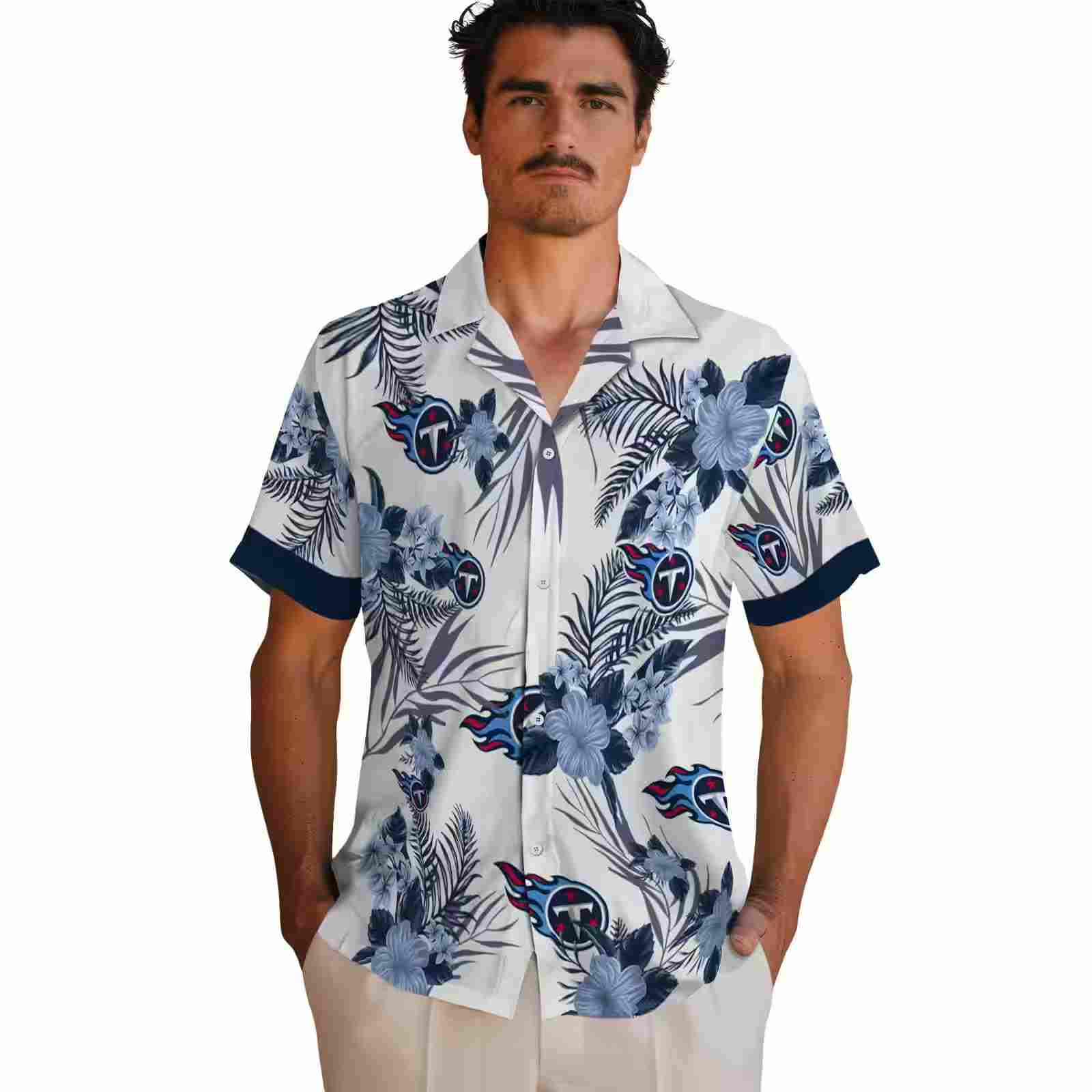 tennessee titans patriotic hibiscus design navy white hawaiian shirt fashion forward