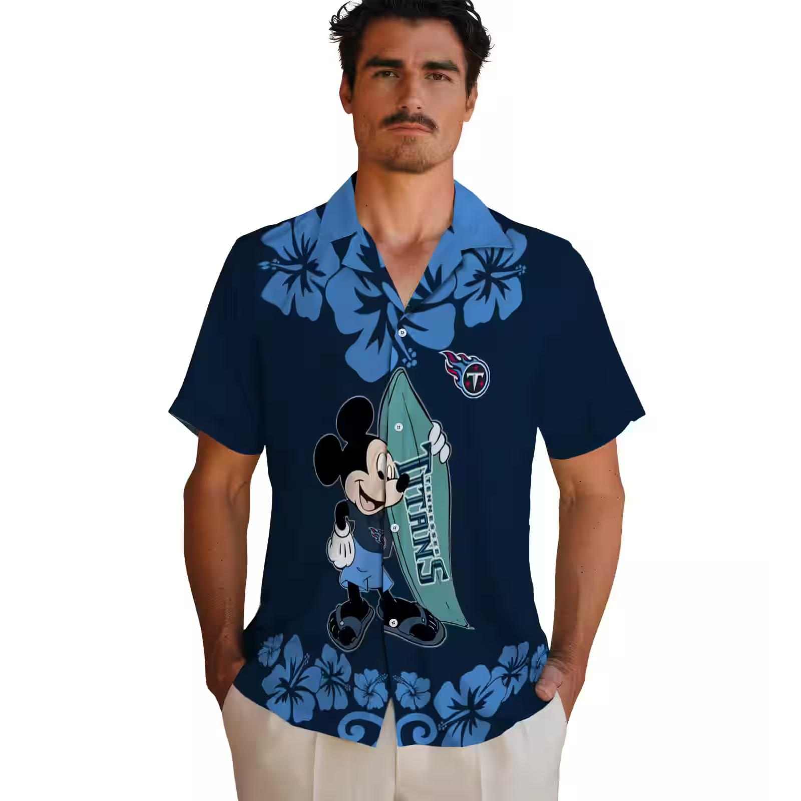 tennessee titans surfing mickey navy hawaiian shirt fashion forward