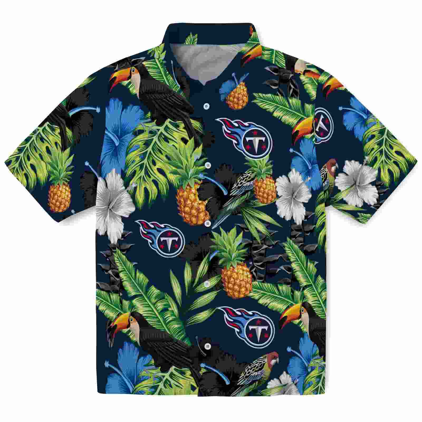 Tennessee Titans Toucan Hibiscus Pineapple Navy Green Hawaiian Shirt