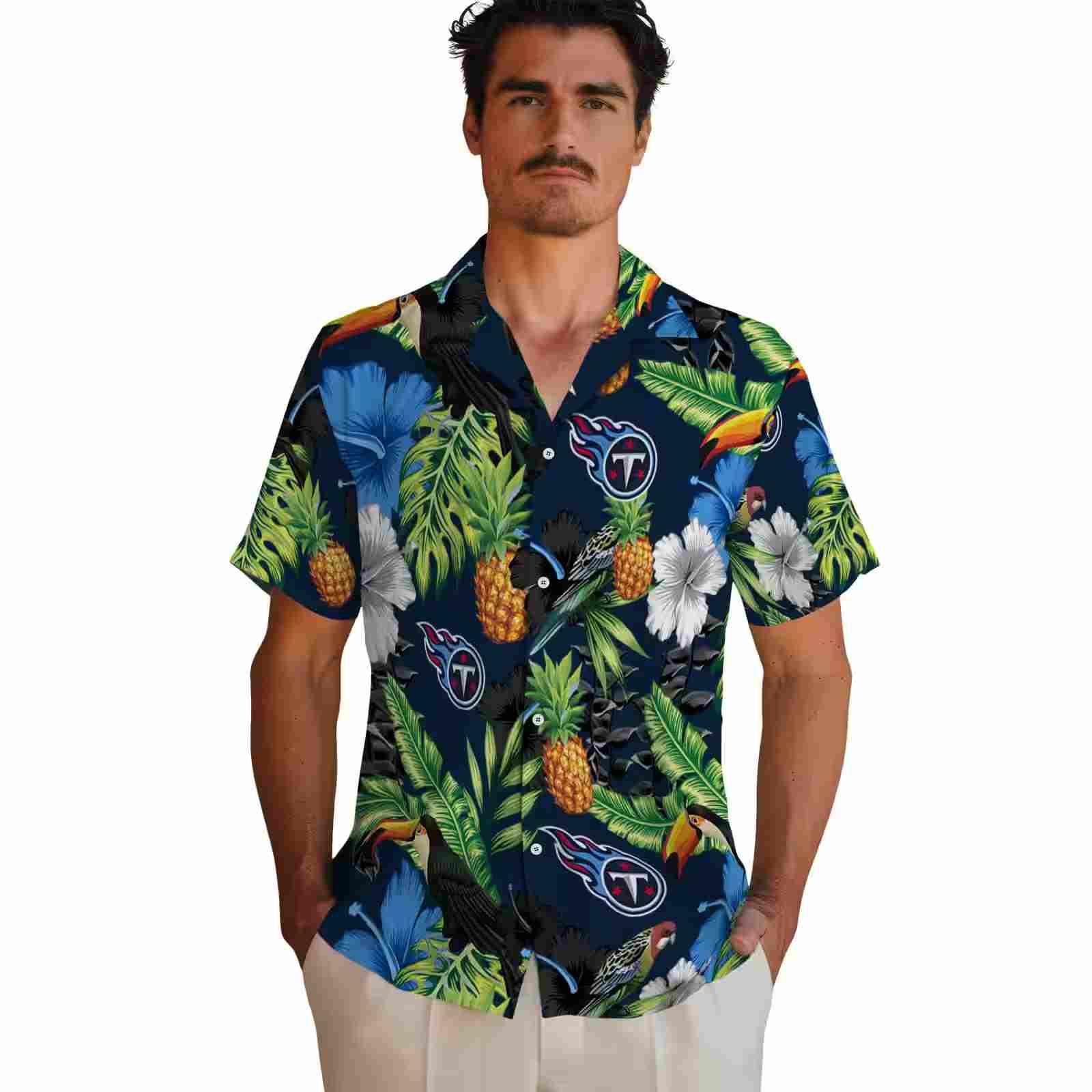 tennessee titans toucan hibiscus pineapple navy green hawaiian shirt fashion forward