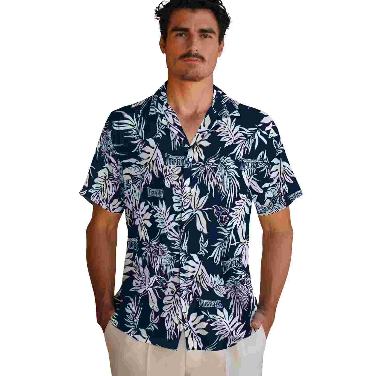 tennessee titans tropical leaf navy white hawaiian shirt fashion forward