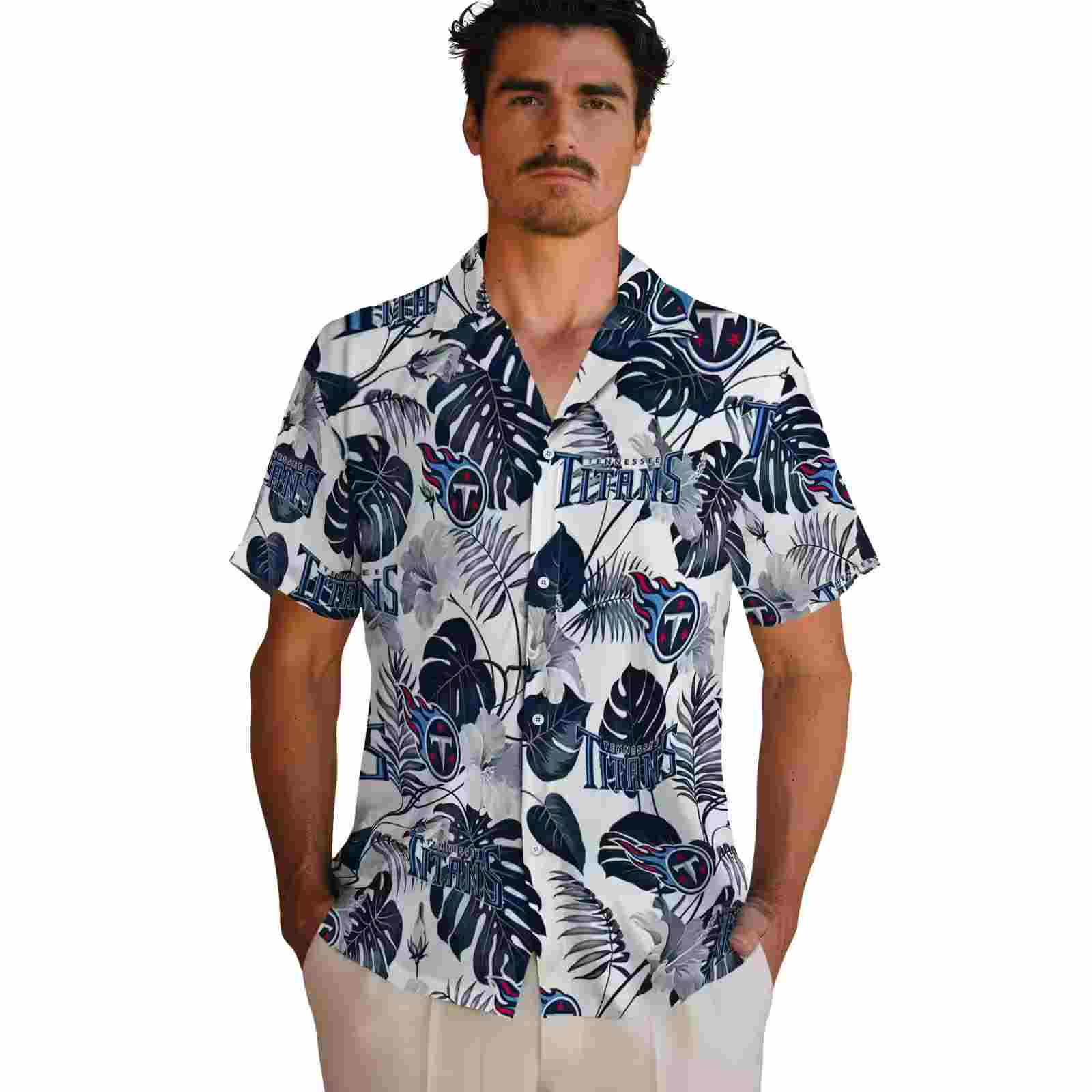 tennessee titans tropical plants navy white hawaiian shirt fashion forward