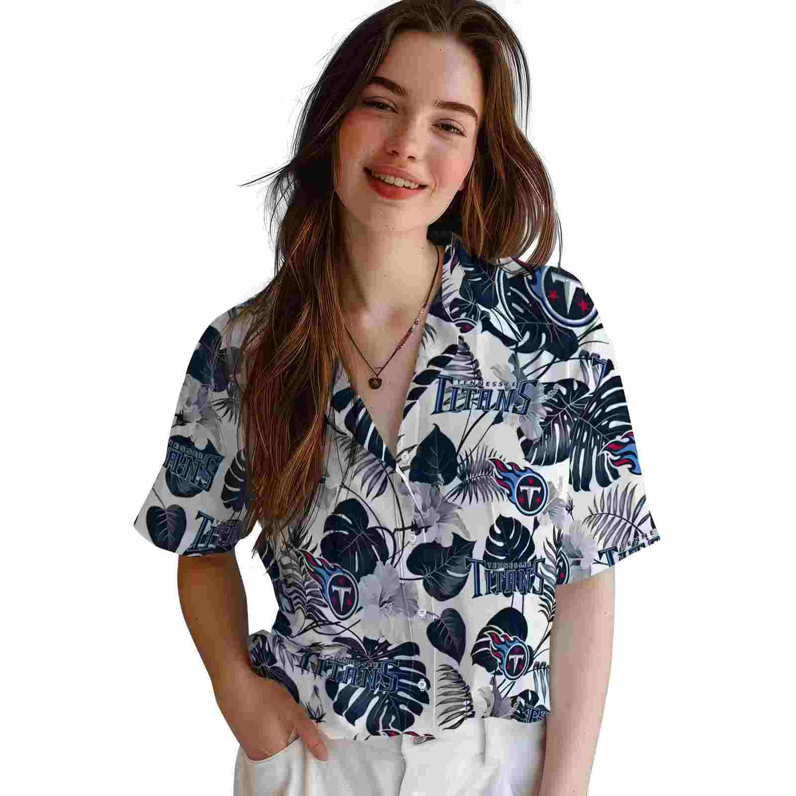 tennessee titans tropical plants navy white hawaiian shirt latest model