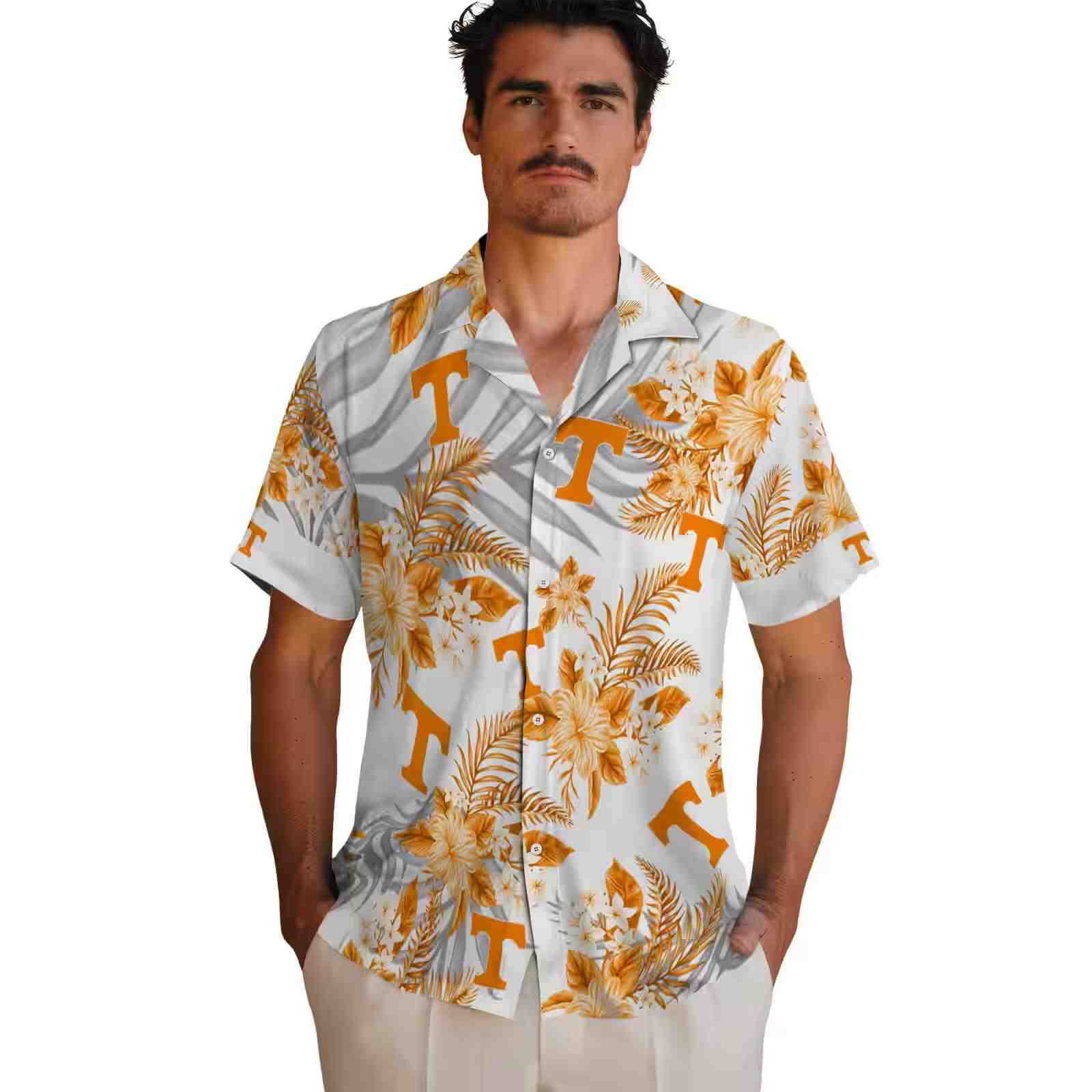 tennessee volunteers hibiscus palm leaves orange white hawaiian shirt fashion forward