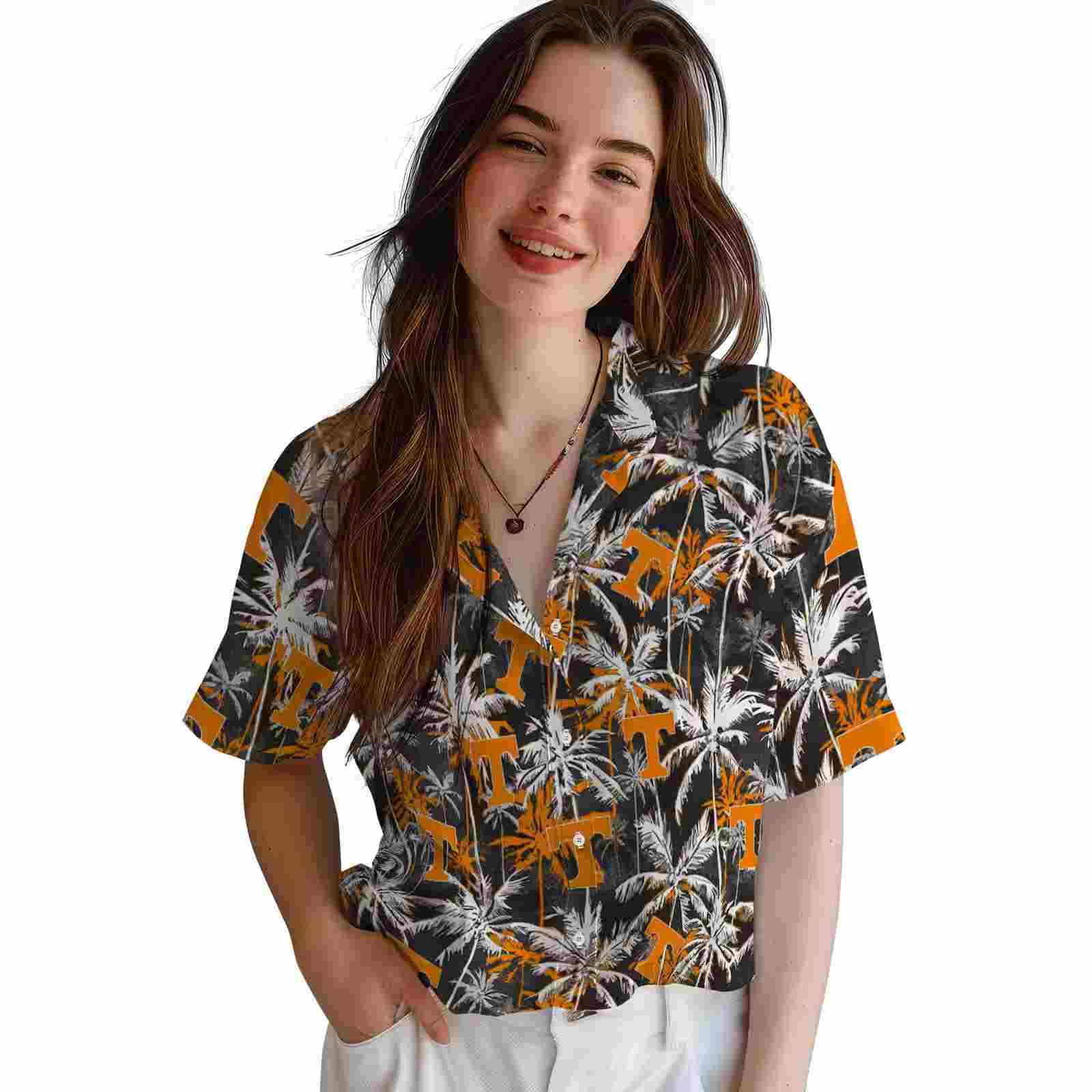 tennessee volunteers palm pattern orange black hawaiian shirt latest model