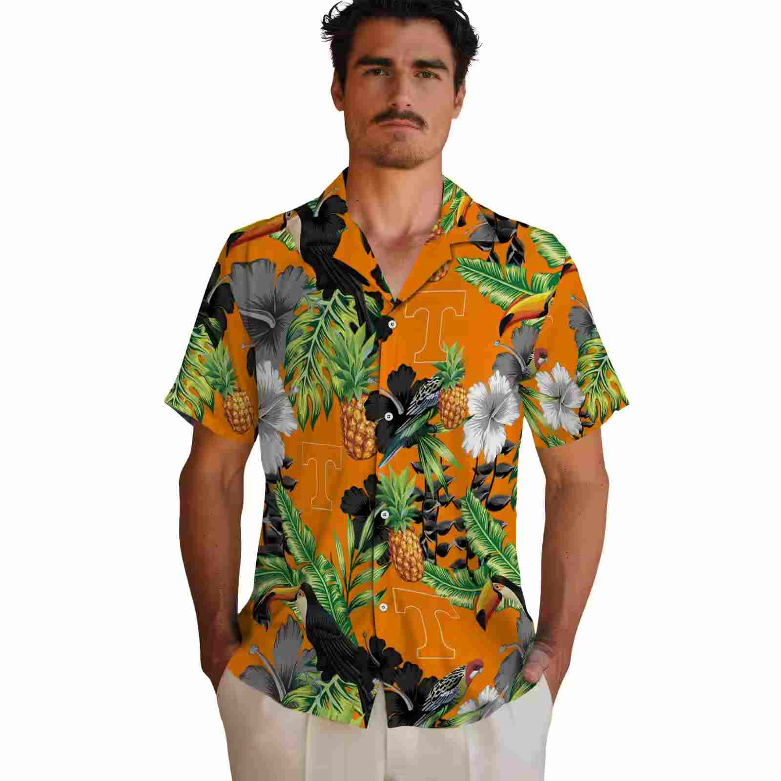 tennessee volunteers toucan hibiscus pineapple orange green hawaiian shirt fashion forward