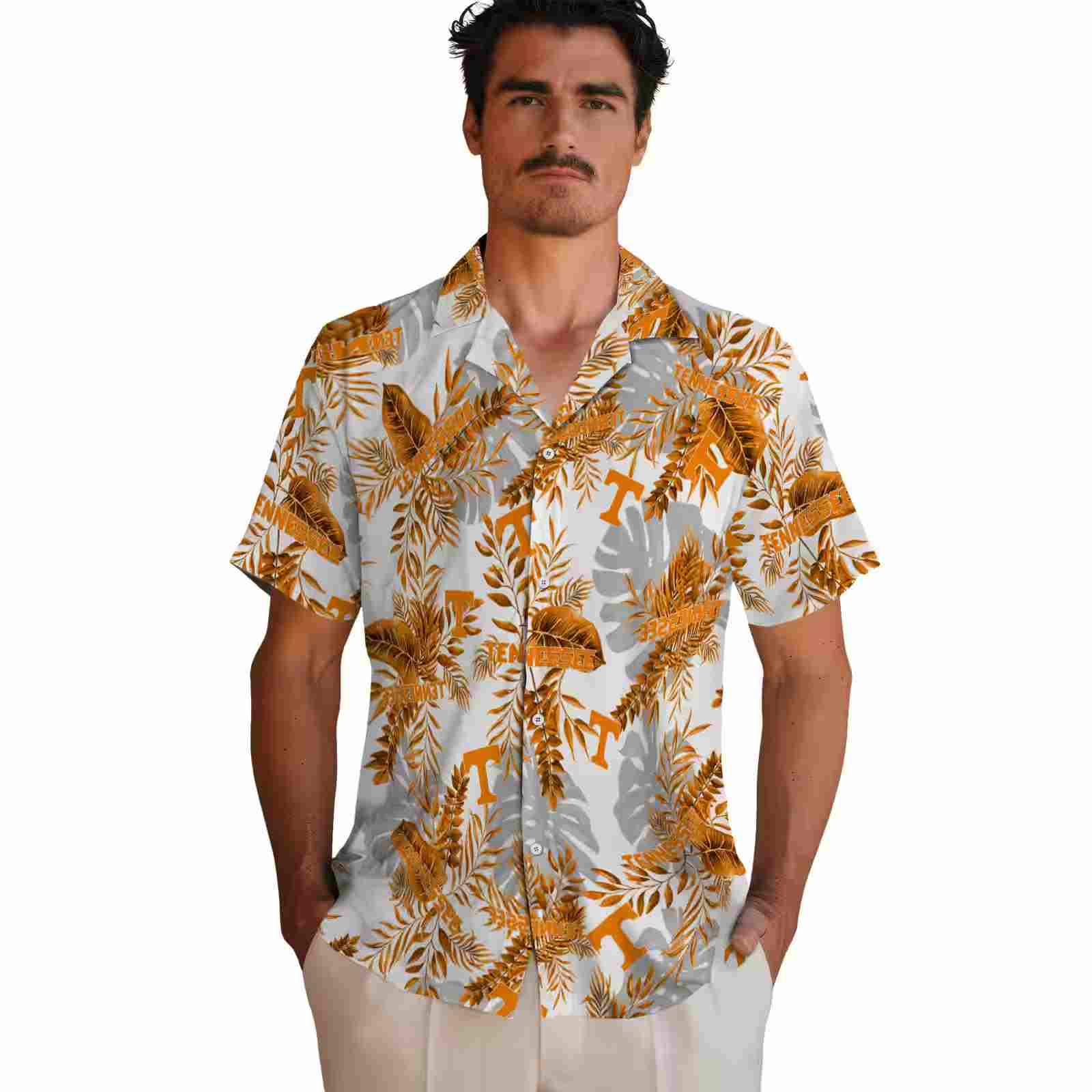 tennessee volunteers tropical leaves orange white hawaiian shirt fashion forward